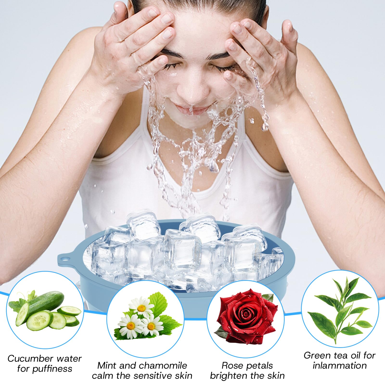 xocome Blue Silicone Face Ice Bowl, Foldable Ice Bath with Built-in Ice Tray - Image 4