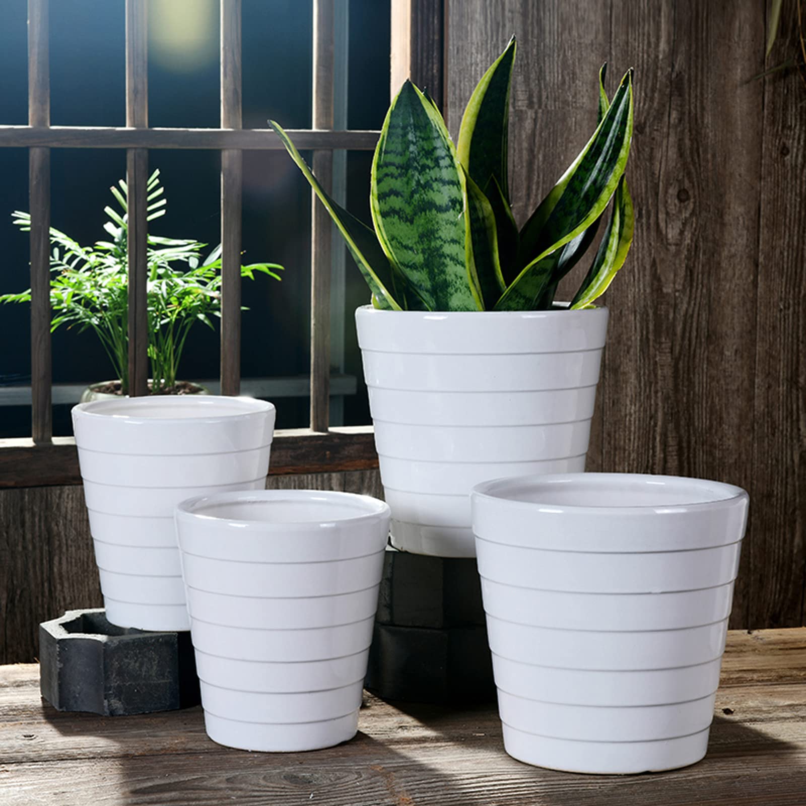 Vasi da Giardino Vasi per Piante in Ceramica, Fioriere con Foro di Drenaggio, Vasi da Giardinaggio Moderni con Strisce Orizzontali per Interni Esterni, Bianco