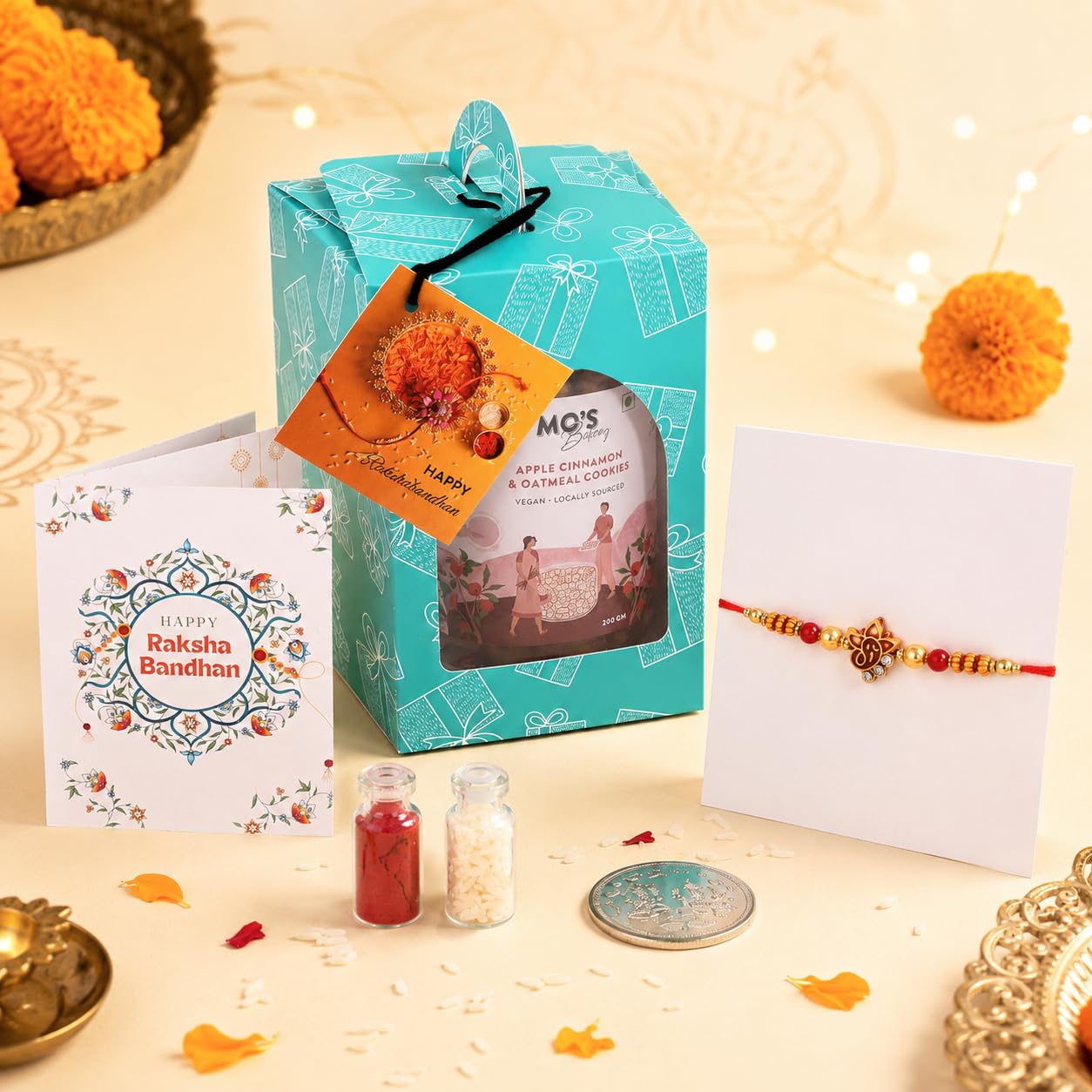 Mo’s Bakery Rakhi Green Gift Box – Apple Cinnamon Cookies with Stylish Rakhi, Pooja Coin, Roli & Chawal | Cookies Gift Box for Brother | Raksha Bandhan Sweets Combo 2025-image-41
