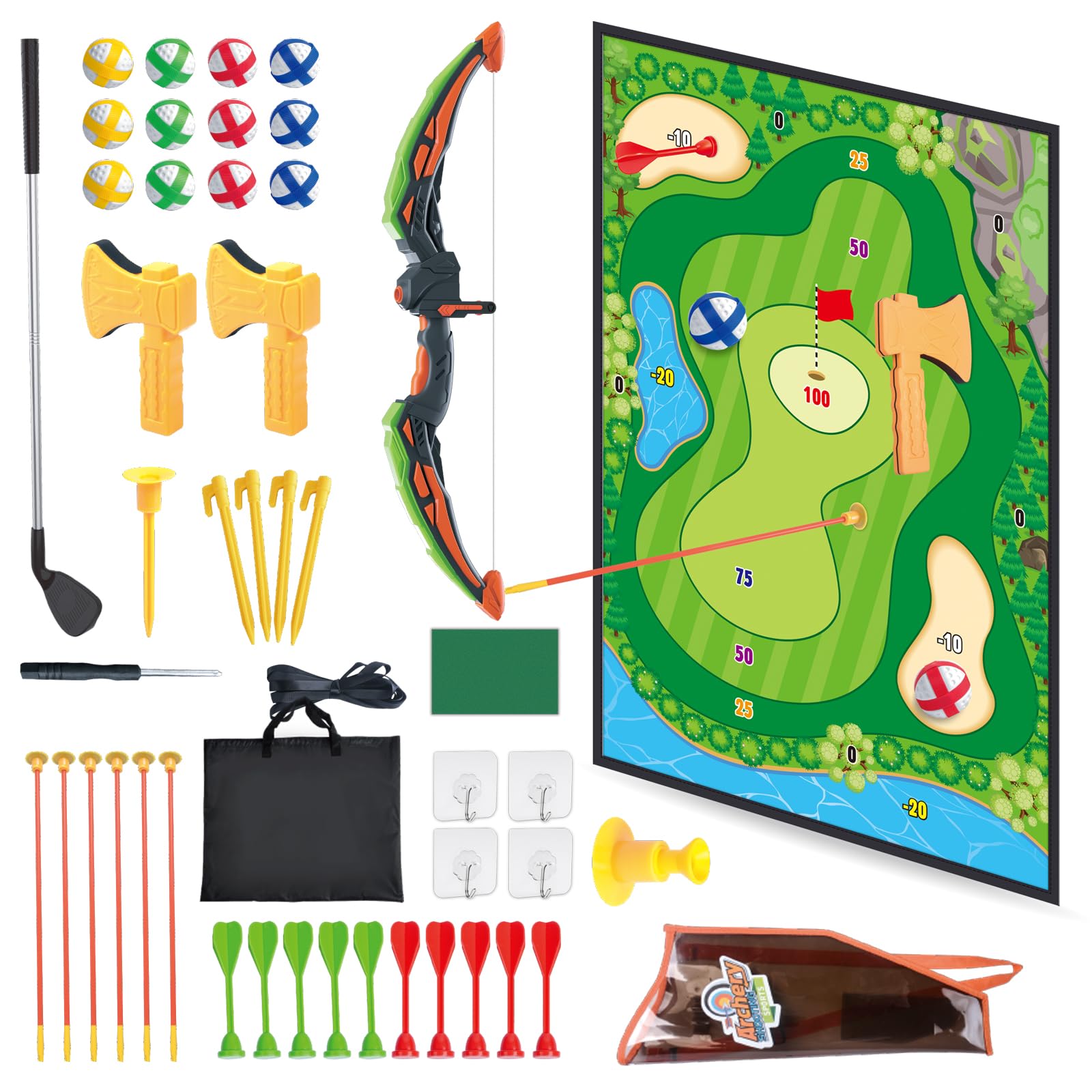 48 Pcs Golf Game Chipping Mat Set, 3 in 1 Sticky Double Sided Hitting Mat for Adults, Archery Sets & Axe Throwing Game, Portable Golf Practice Training Games for Family Backyard Indoor Outdoor Battle