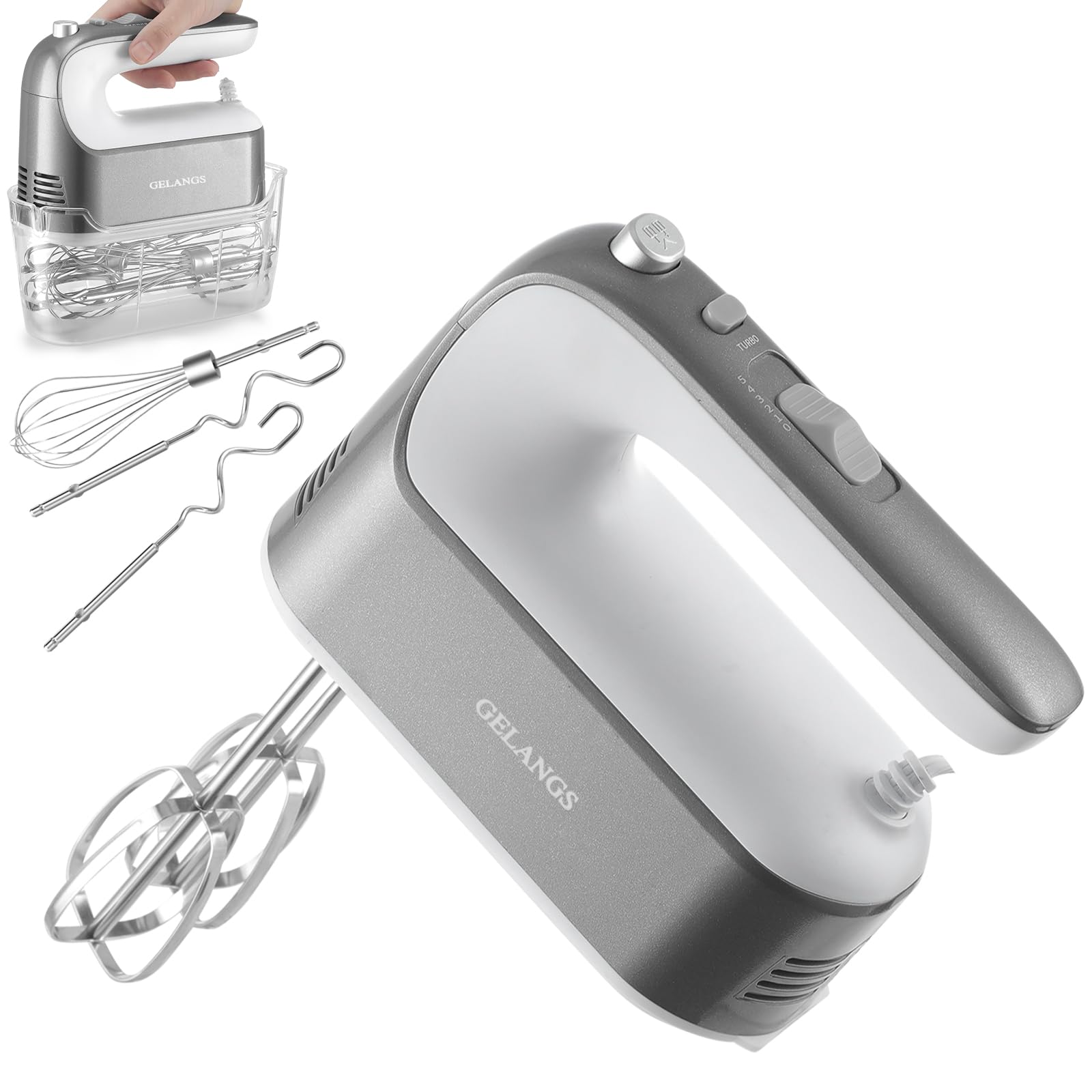 GELANGS-400W Hand Mixer with Turbo Boost - 5-Speed One-Touch Release Copper Motor - 3 Dishwasher-Safe Attachments - 110V