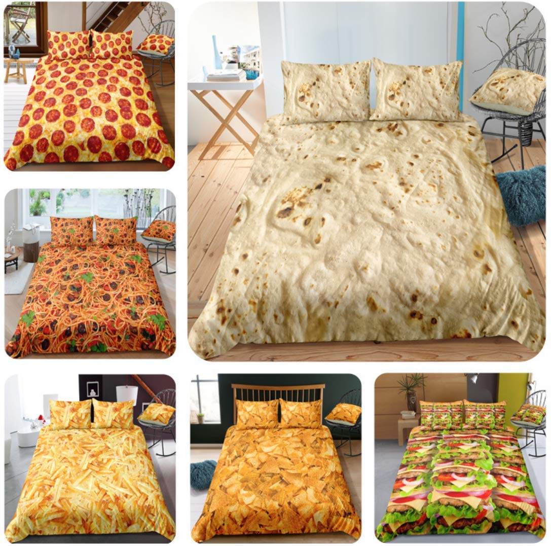 キルティング/フレンチ　ベッド 布団&枕カバー セット Amazon｜ファーストフード寝具セット、3Dピザフレンチフライドポテト