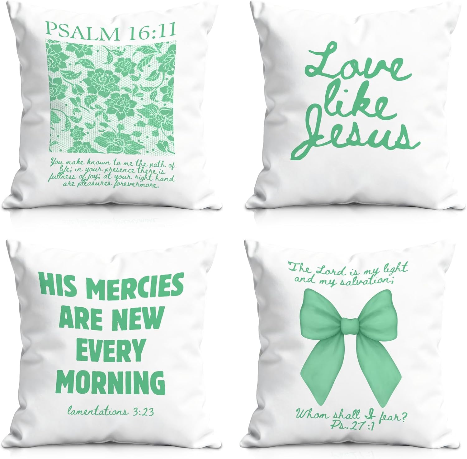 Green Christian Throw Pillow Covers Set of 4 Girly Green Bow Floral Cushion Covers Religious Pillowcase Home Decor for Sofa Bed Couch 22" x 22"