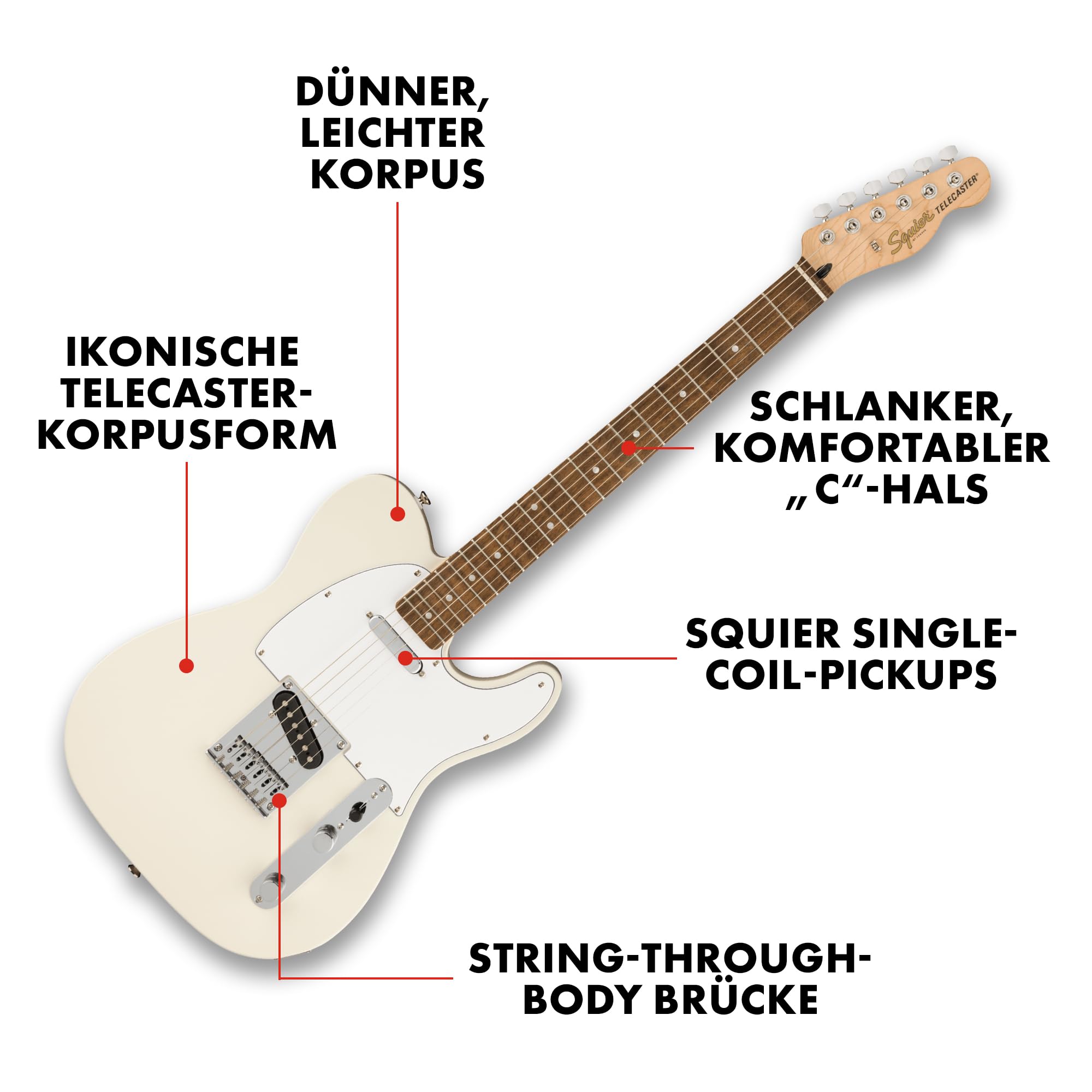 Squier by Fender Affinity Series Telecaster, E-Gitarre, Indisches Lorbeergriffbrett, Olympisch Weiß, Inklusive kostenloser virtueller Kurse auf Fender Play