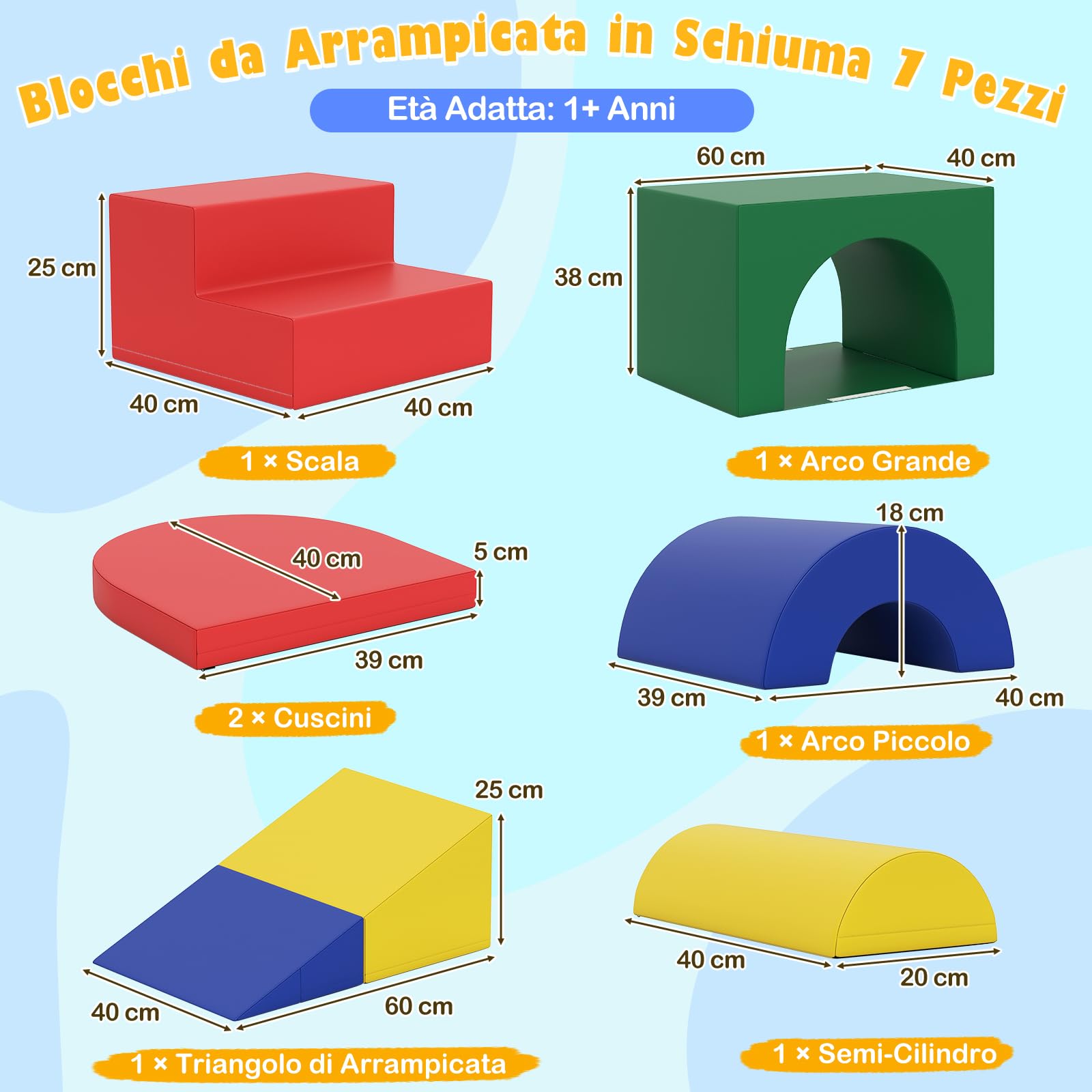 COSTWAY Set di 7 Blocchi da Arrampicata e Strisciamento per Bambini da 1 Anno in Su, Set di Costruzioni in Schiuma da Interno per Bambini a Arrampicarsi, Strisciare e Scivolare (Verde)