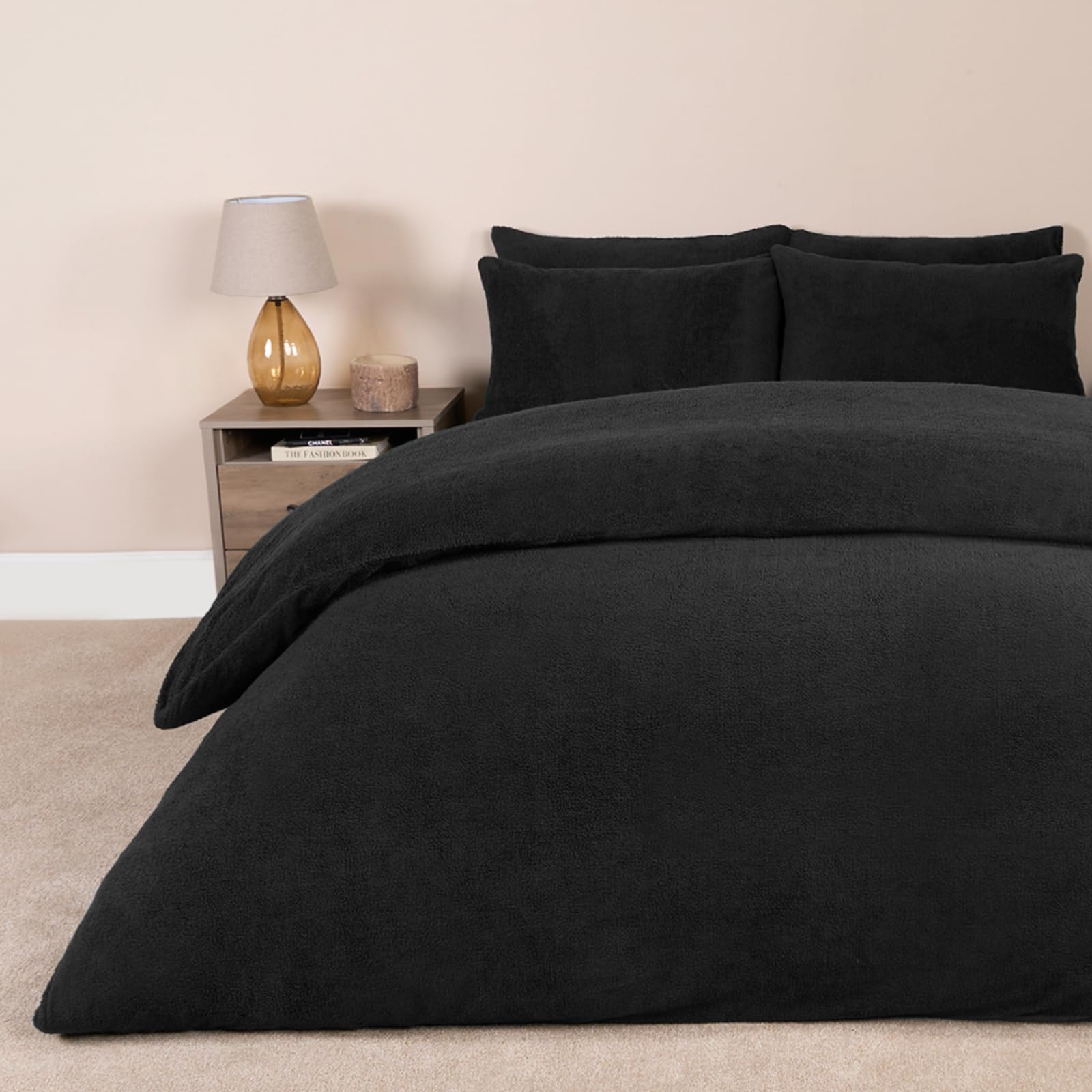 OHS Teddy Fleece Duvet Cover Bedding Set - Double Size - Black - Soft & Cosy