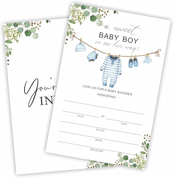 Baby Shower Invitation，A Sweet Baby Boy Is On His Way! 25 Baby Clothes Invite Cards With Envelopes, Gender Reveal, Baby Announcement Party, Fill In Style Invites, Party Favor And Supplies - A04