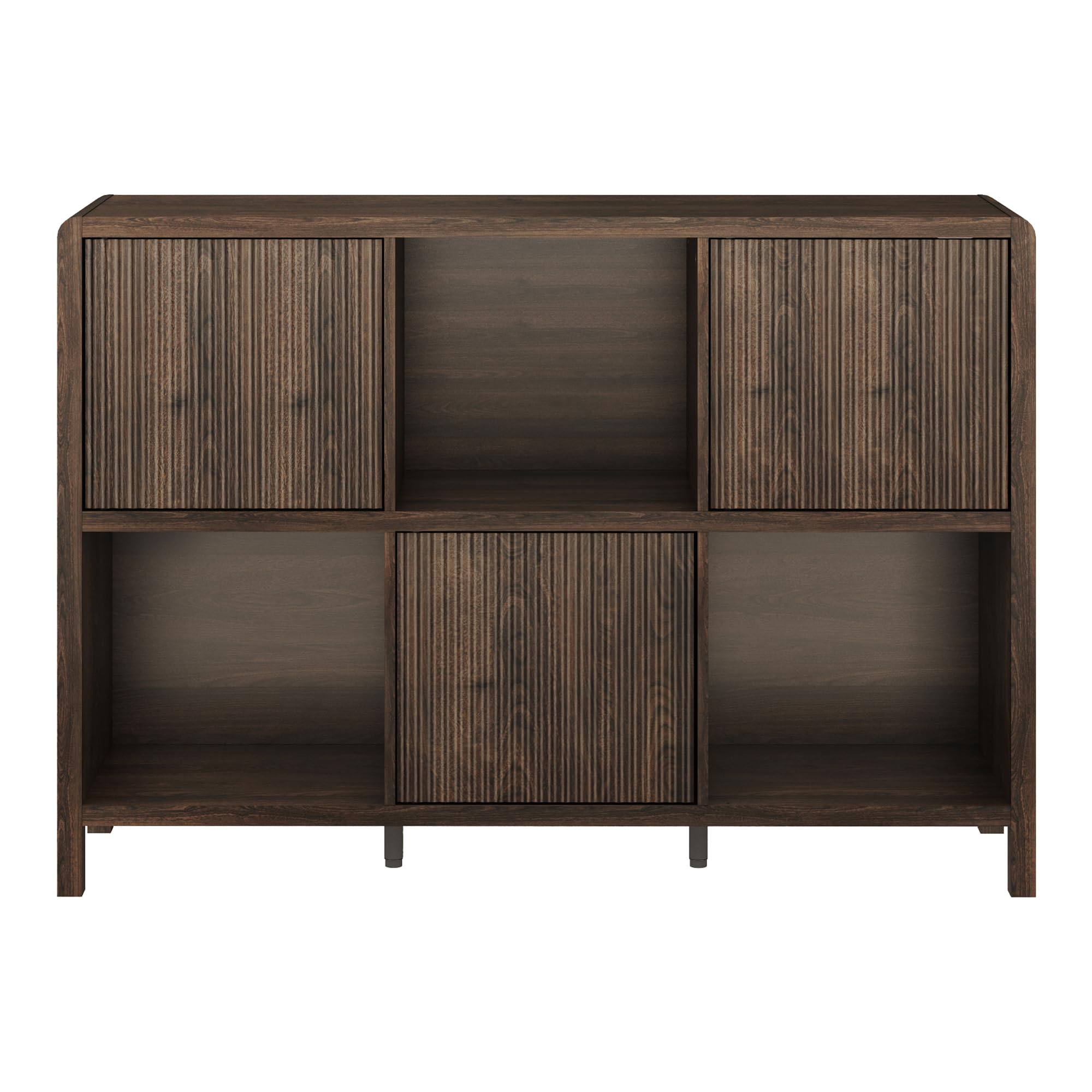 [en.casa] Credenza Bassa Mobile Contenitore con 3 Ante Decorative Push to Open e Scomparti Aperti Sideboard per Soggiorno Corridoio Studio 77x110x30 cm Effetto Noce