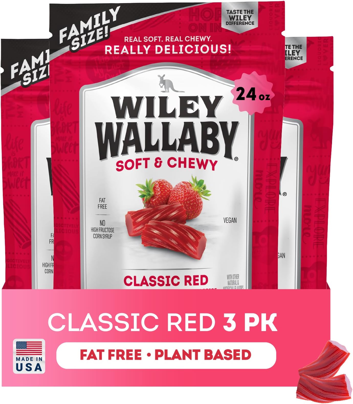 Wiley Wallaby Licorice 24 Ounce Classic Gourmet Soft & Chewy Australian Red Licorice Candy Twists, 3 Pack