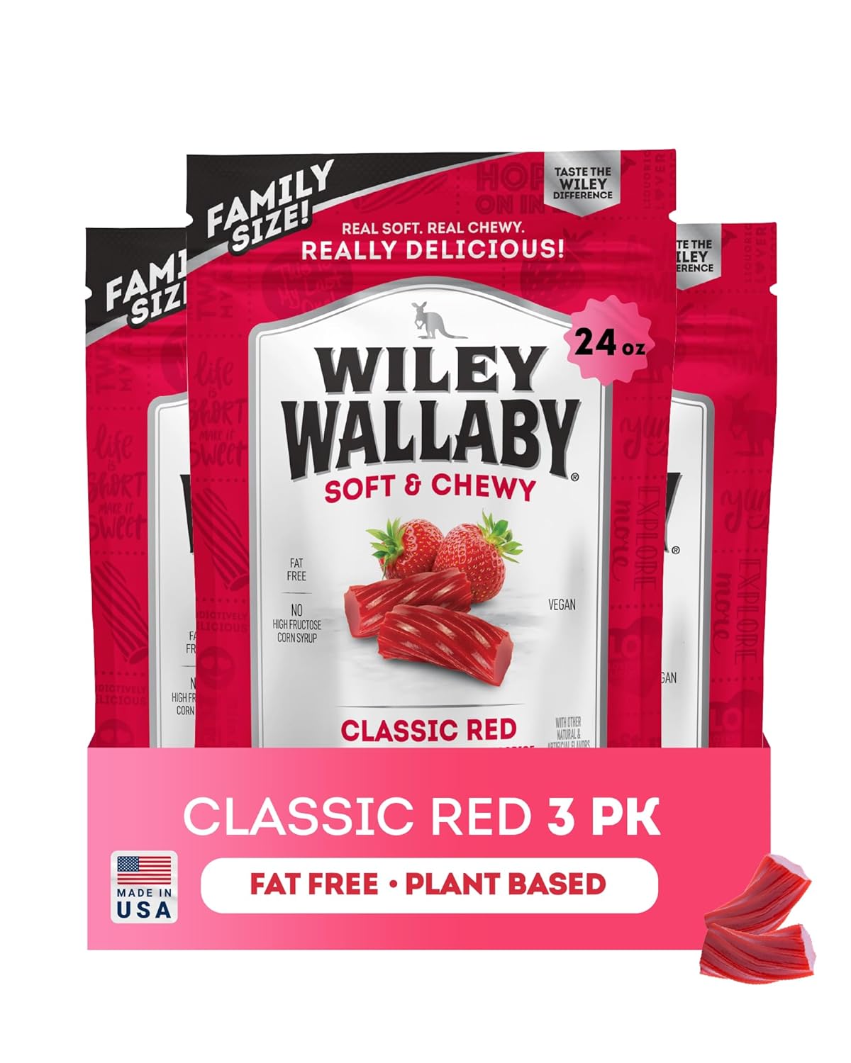 Wiley Wallaby Licorice 24 Ounce Classic Gourmet Soft & Chewy Australian Red Licorice Candy Twists, 3 Pack