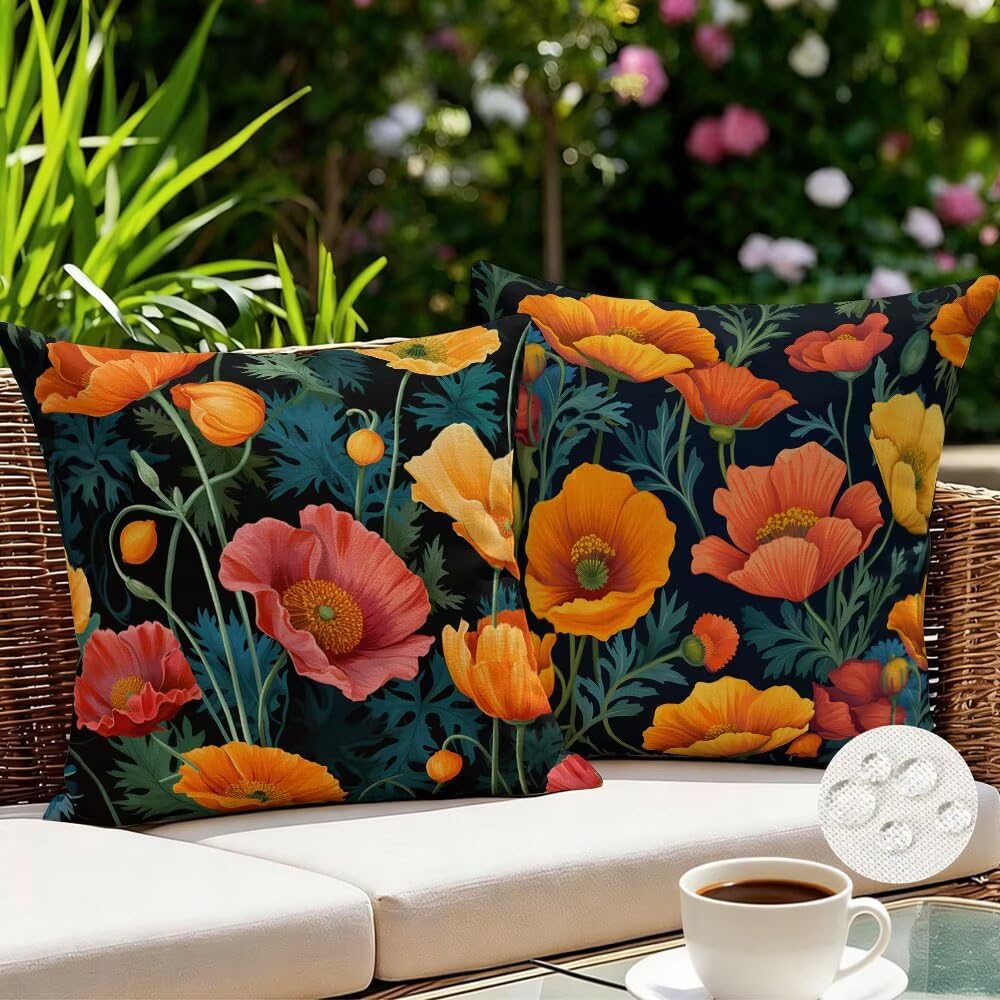 Outdoor Cushions Waterproof Spring Cushion Covers 55cm x 55cm Set of 2 Poppy Garden Cushions Flowers Cushion Cover Decorative Pillows Linen Throw Pillow Case for Couch Sofa Garden Furniture (IU189)