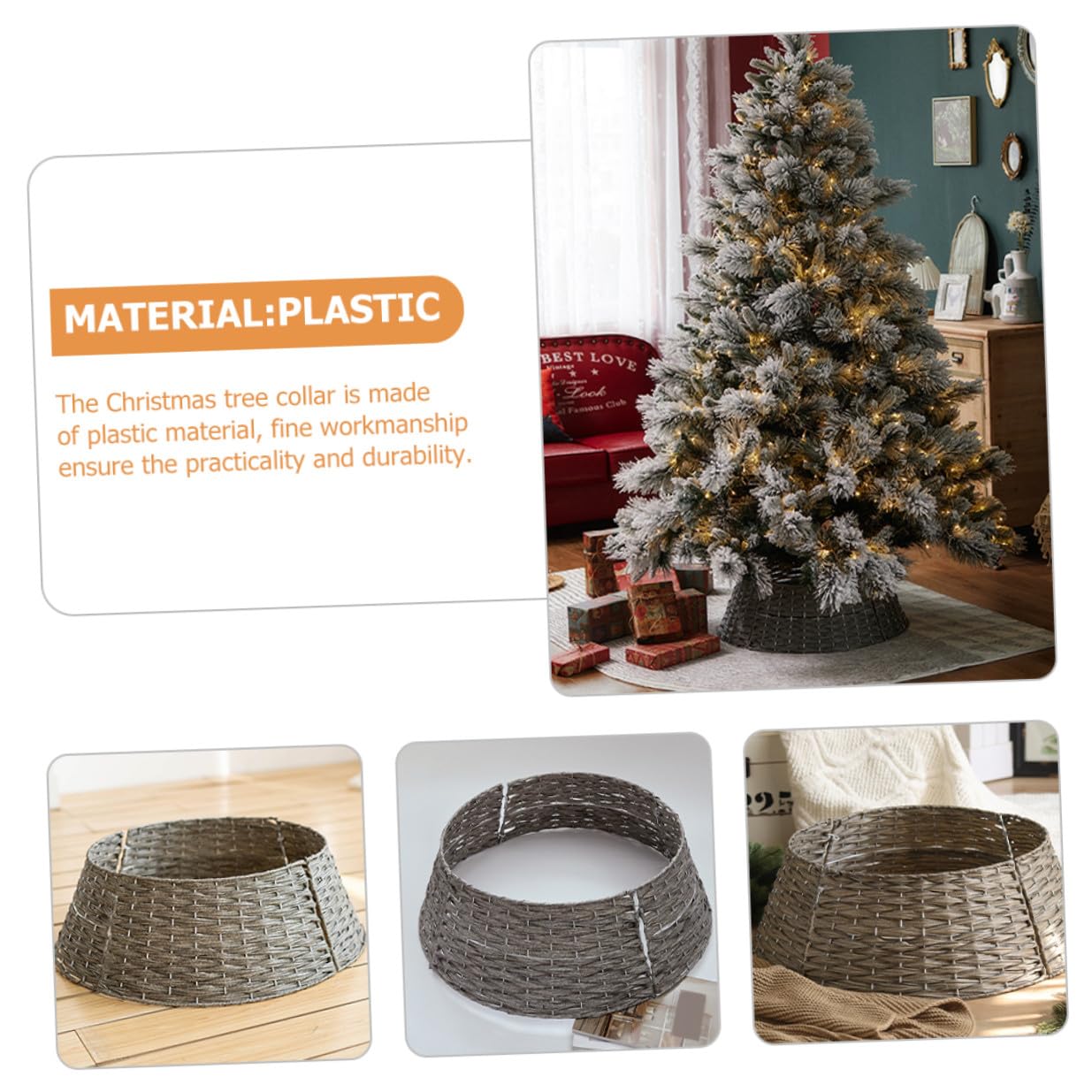 Falda de Árbol de Navidad Rústica Tejido Manual Plástico Gris Pequeña Collar Decorativo para Árbol Artificial Base Circular para Decoración Interior y Exterior Navideña