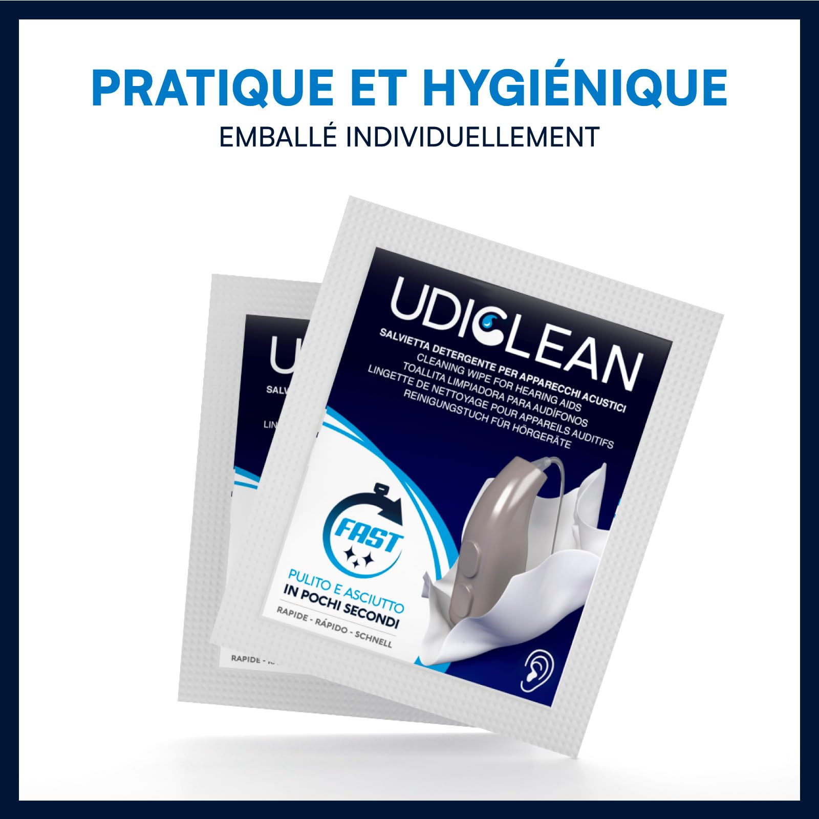 200 lingettes nettoyantes Udiclean pour le nettoyage et l'entretien des appareils auditifs Lingettes à séchage rapide humidifiées et emballées individuellement éliminent la sueur grasse et la saleté