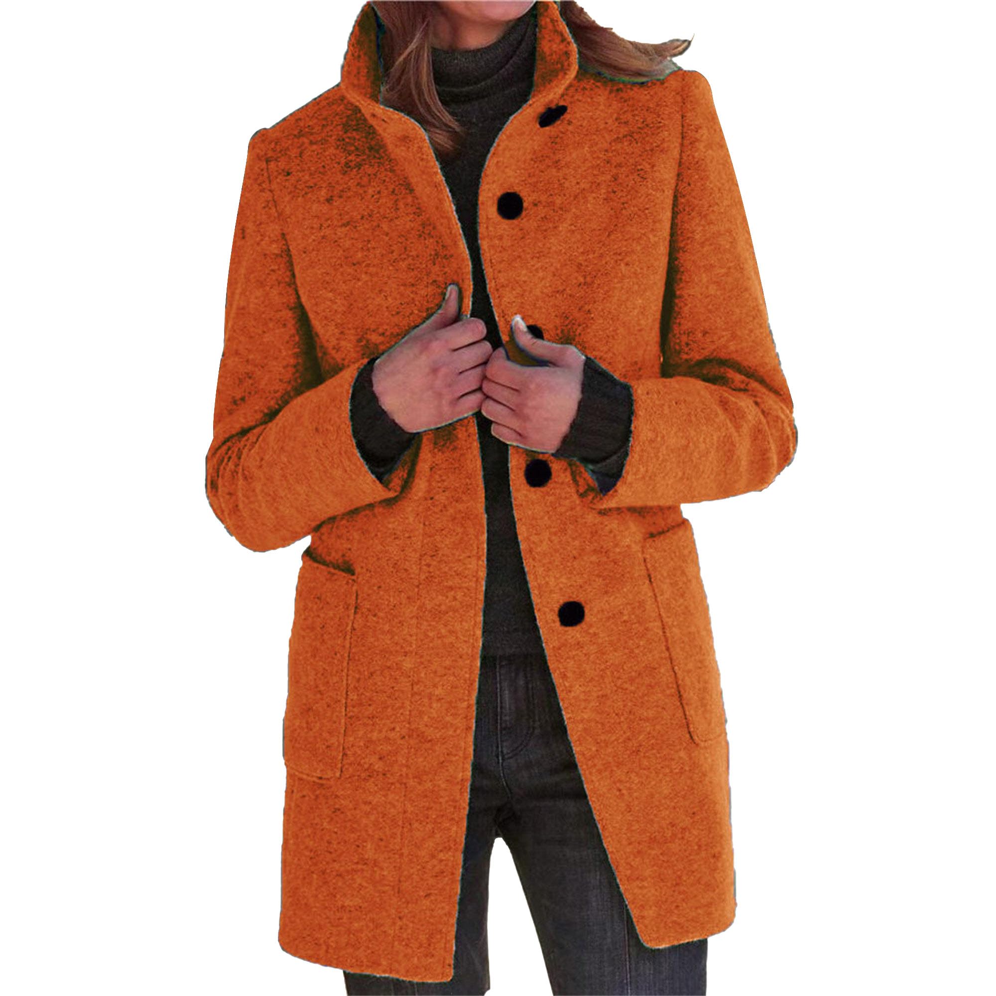 Maiyifu-GJ Womens Elegant Single Breasted Wool Trench Coat Casual Stand Collar Slim Fit Jacket Fall Long Sleeve Cardigan
