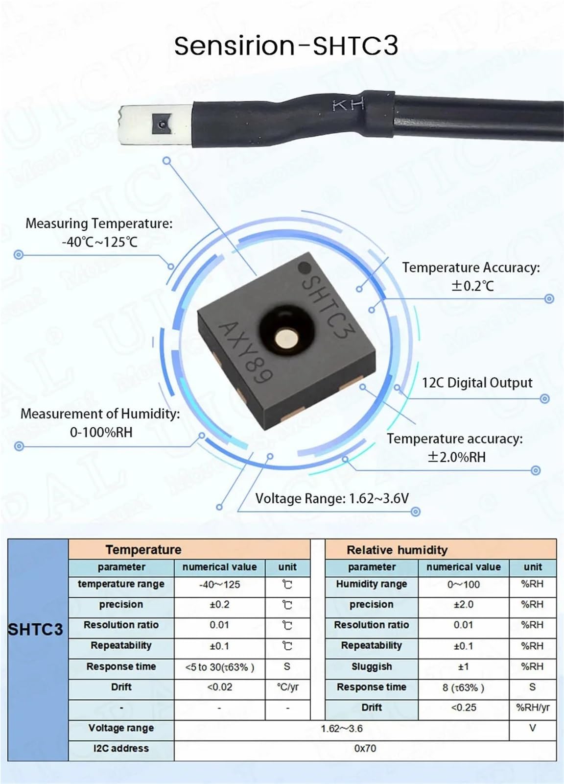Módulo Sensor de Temperatura y Humedad SHT40, SHT30, SHT20 y SHTC3, con Cable de sonda, Impermeable, Digital, con Salida I2C de 1 m.(SHT30-Black)