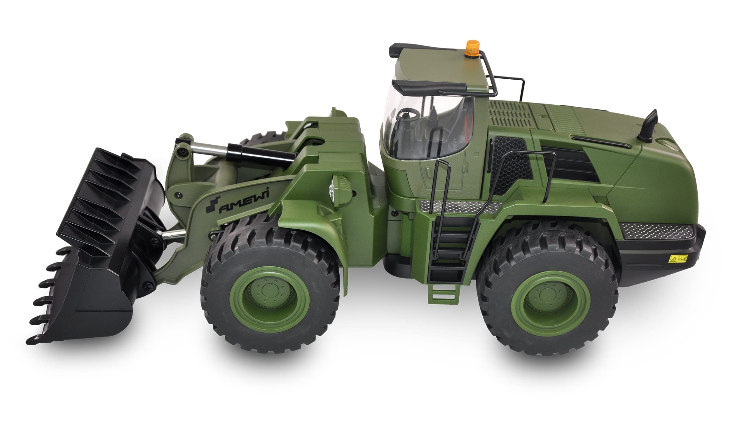 Amewi 22534 Radlader G485E ME Militär 1:14, Teilmetall, Sound, Licht, Rundumleuchte, 10-Kanal, inkl. Schnellwechsler und Paletten-Gabel, RTR, Olivgrün