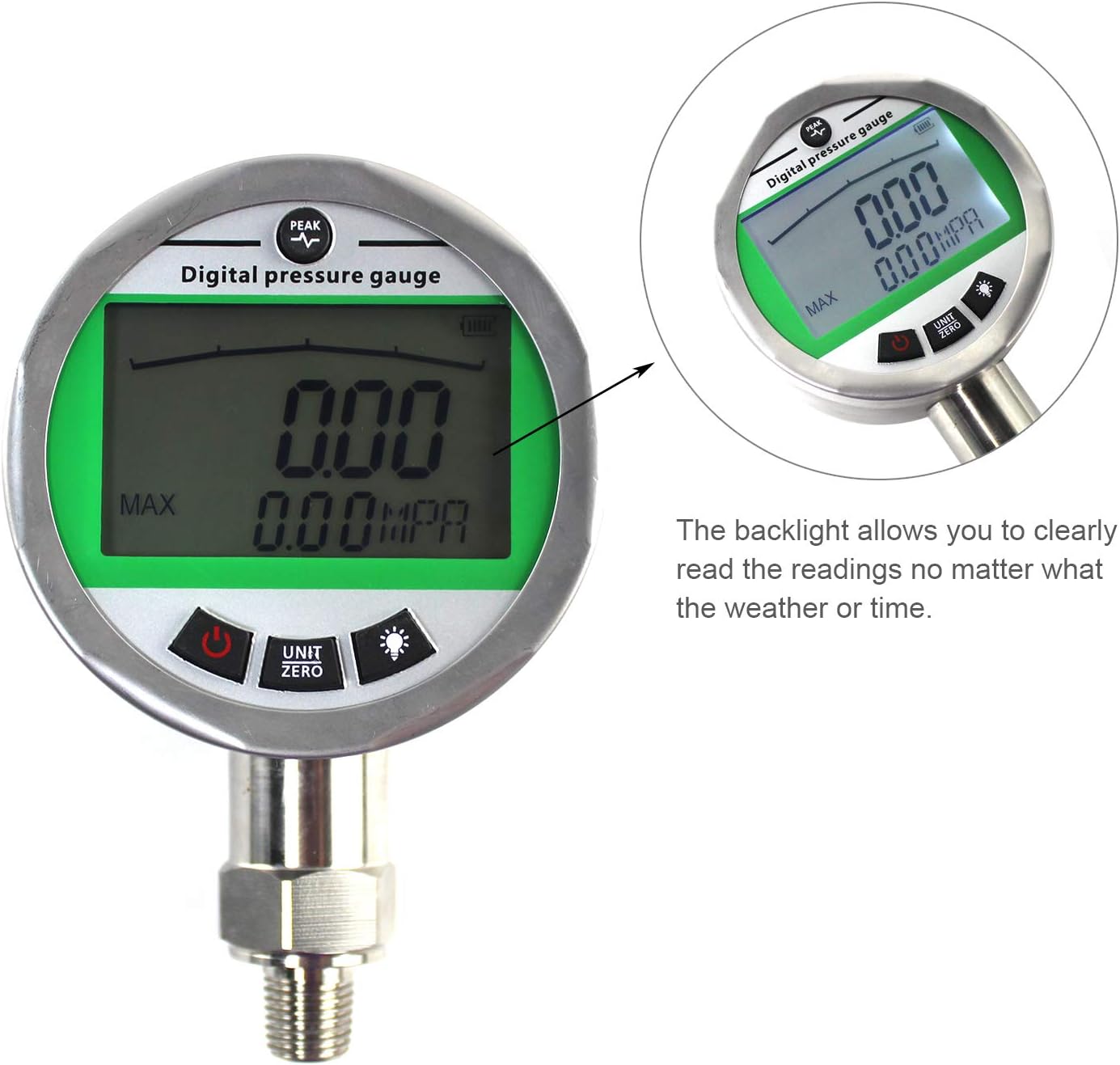 SINOCMP Digital Pressure Gauge 2.5MPA/360PSI Hydraulic Gas Water Pressure Gauge Accuracy 1% FS NPT1/4 Interface, Backlight Silica Gel Case(Green)