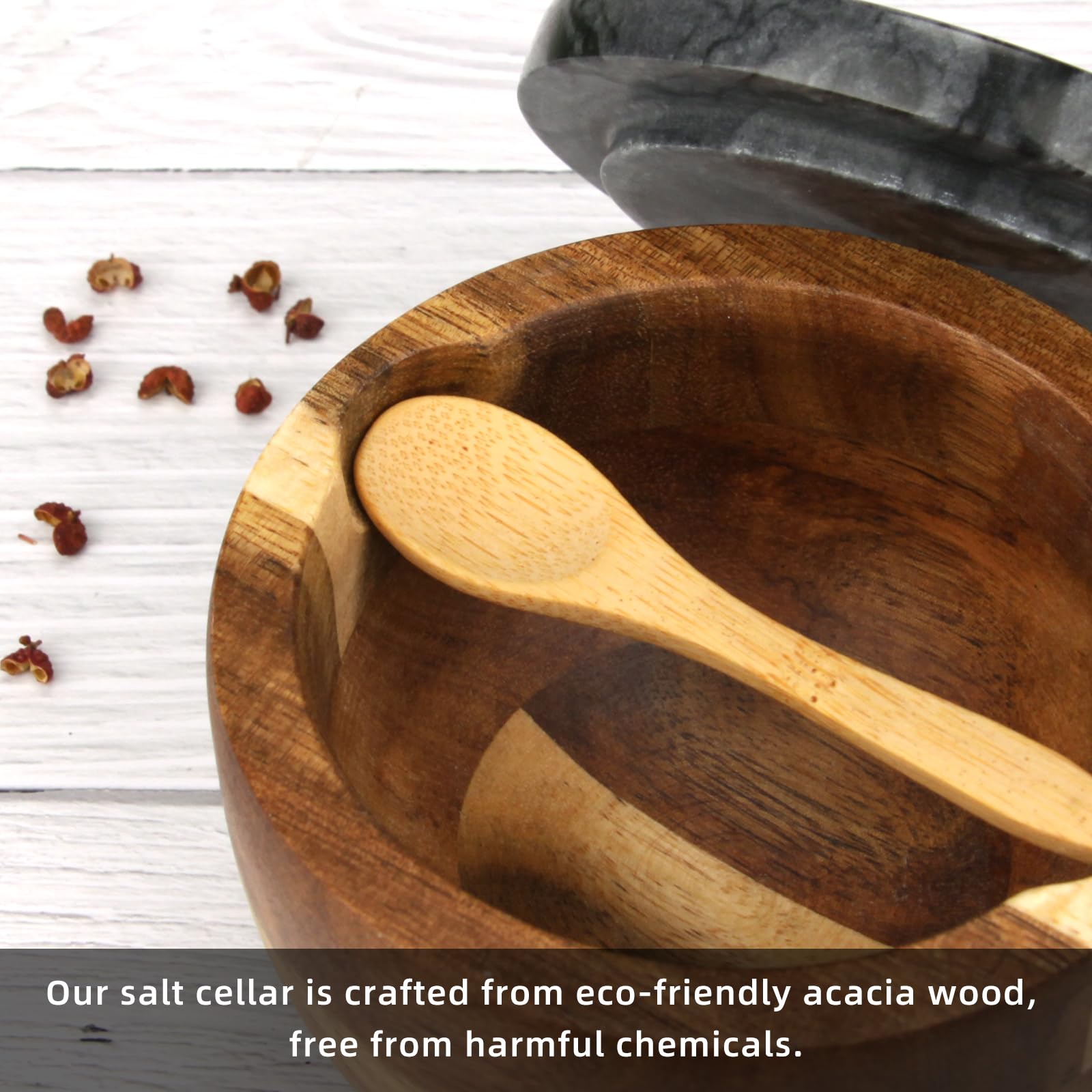 Salero De Mármol Natural Con Tapa De Madera Y Cuchara - Contenedor Elegante Para Sal, Especias O Azúcar (Color Negro)