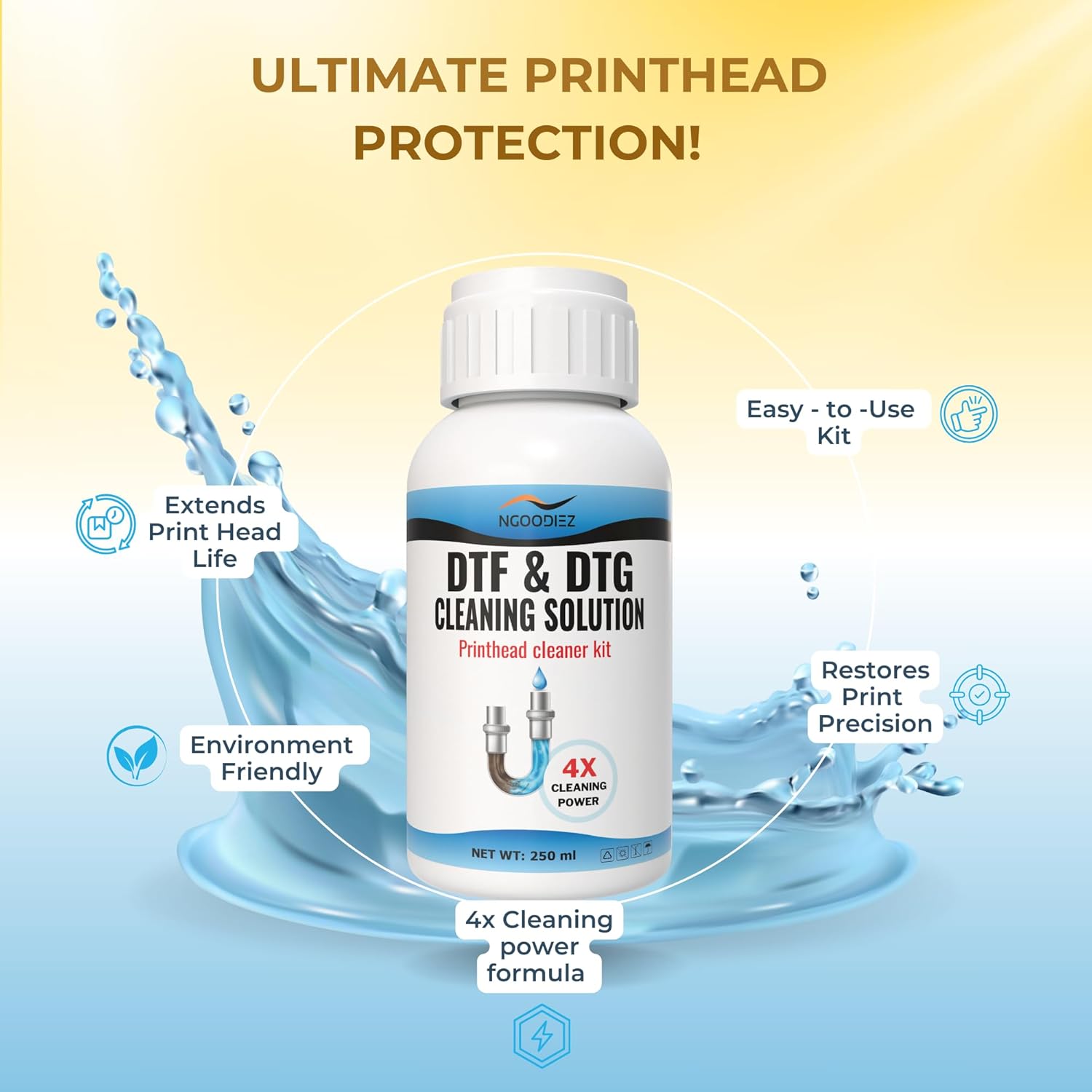 NGOODIEZ DTF Printhead Cleaning Solution Kit for Epson ET-8550 L1800 XP-15000 | DTF DTG Printer Head Cleaner Dissolves White Ink Clogs | Restores Print Quality & Extends Printhead Life - 250mL