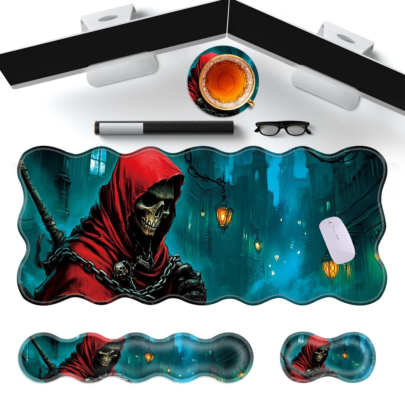 ZQLPLZR Large Gaming Mouse Pad, Keyboard Wrist Rest Pad & Wrist Support Mousepad Set, Stitched Edge, Extended, Non-Slip Base, Memory Foam Desk Mat for Office, Home,Funny Skull