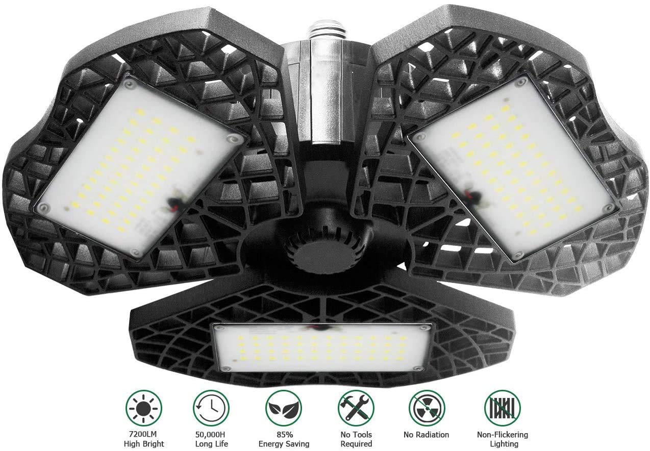 Ceiling Lights 60W Bright Garage Light 7200LM 6500K Deformable Three Panels for Indoor Use in Garage Shop Studio Cellar etc.
