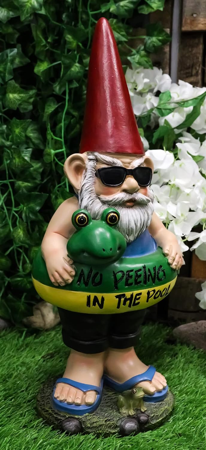Ebros Gift No Peeing in The Pool Sign Whimsical Lifeguard Vacation Gnome with Sandals Shades and Round Float Tube Statue Gnomes Patio Garden Poolside Baywatch Beach Coastal Decor Sculpture