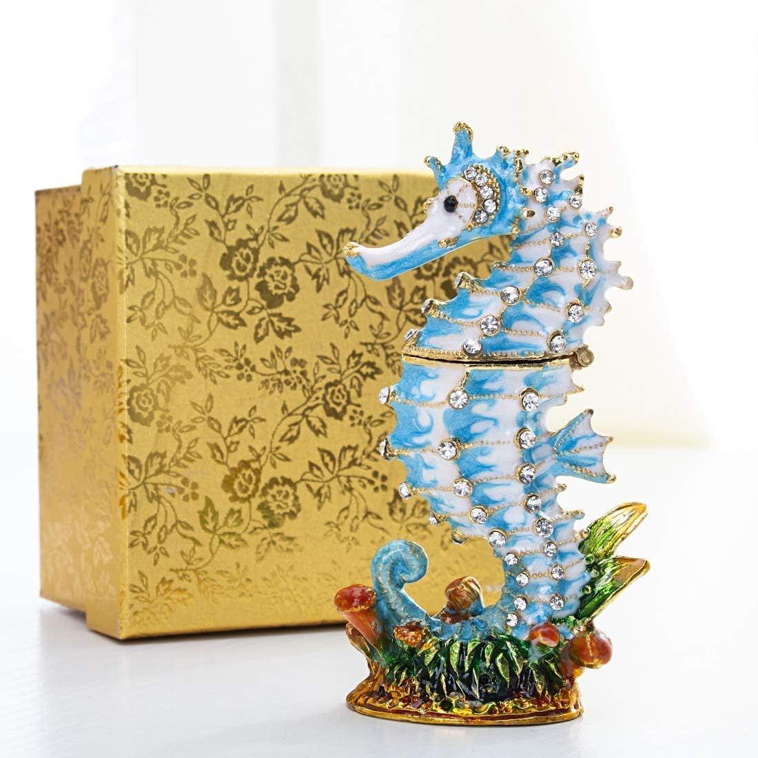 YU FENG Seahorse and Light Blue Seastar Figurine Trinket Box