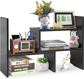 AYNEFY Table Organiser, Desk Bookshelf DIY Table Desktop Storage Shelf Display Rack Worktop Bookshelf Wood Desktop Storage Shelf for Living Room Bedroom (Black Walnut)