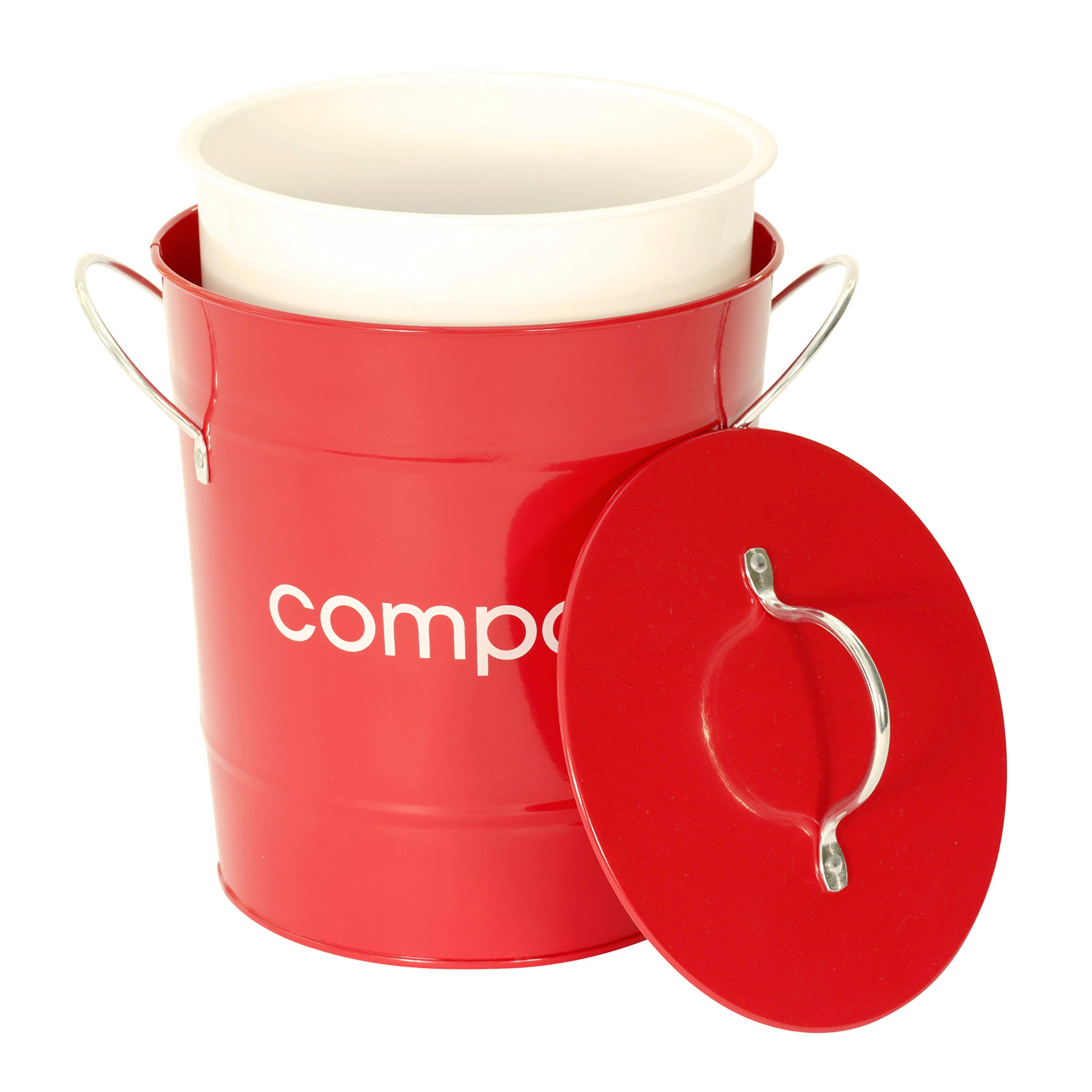 PREMIER Housewares 0510017 Compostiera, in Acciaio Zincato Rosso, Maniglie in Zinco, Secchio di Plastica Interno