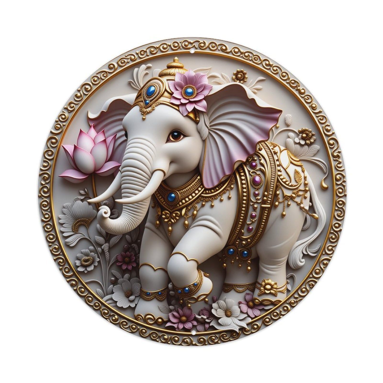 Elephant With Floral And Gold Ornamentation Round Vintage Tin Sign,Retro Wall Art,Metal Poster for Home, Bar, Garage, Cafe, Rustic Indoor & Outdoor Decor, 8x8 Inches