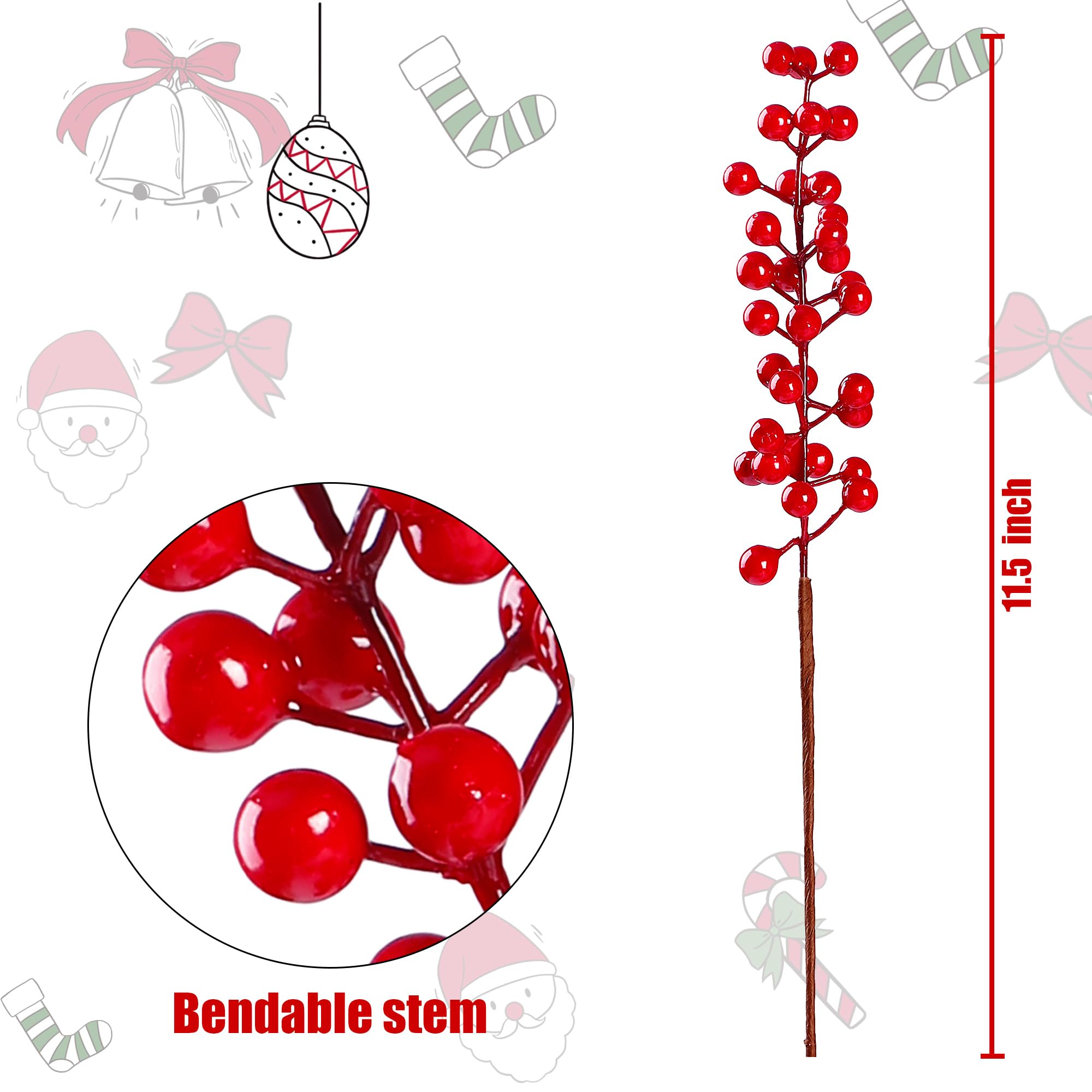 Sggvecsy Künstliche rote Beerenstiele, Weihnachtsbeeren, Stechpalmenbeerenzweige, 29,2 cm, künstliche Beerenspieße für Blumenarrangements, Weihnachtsbaum, Urlaub, Weihnachtsschmuck, Zuhause, DIY,