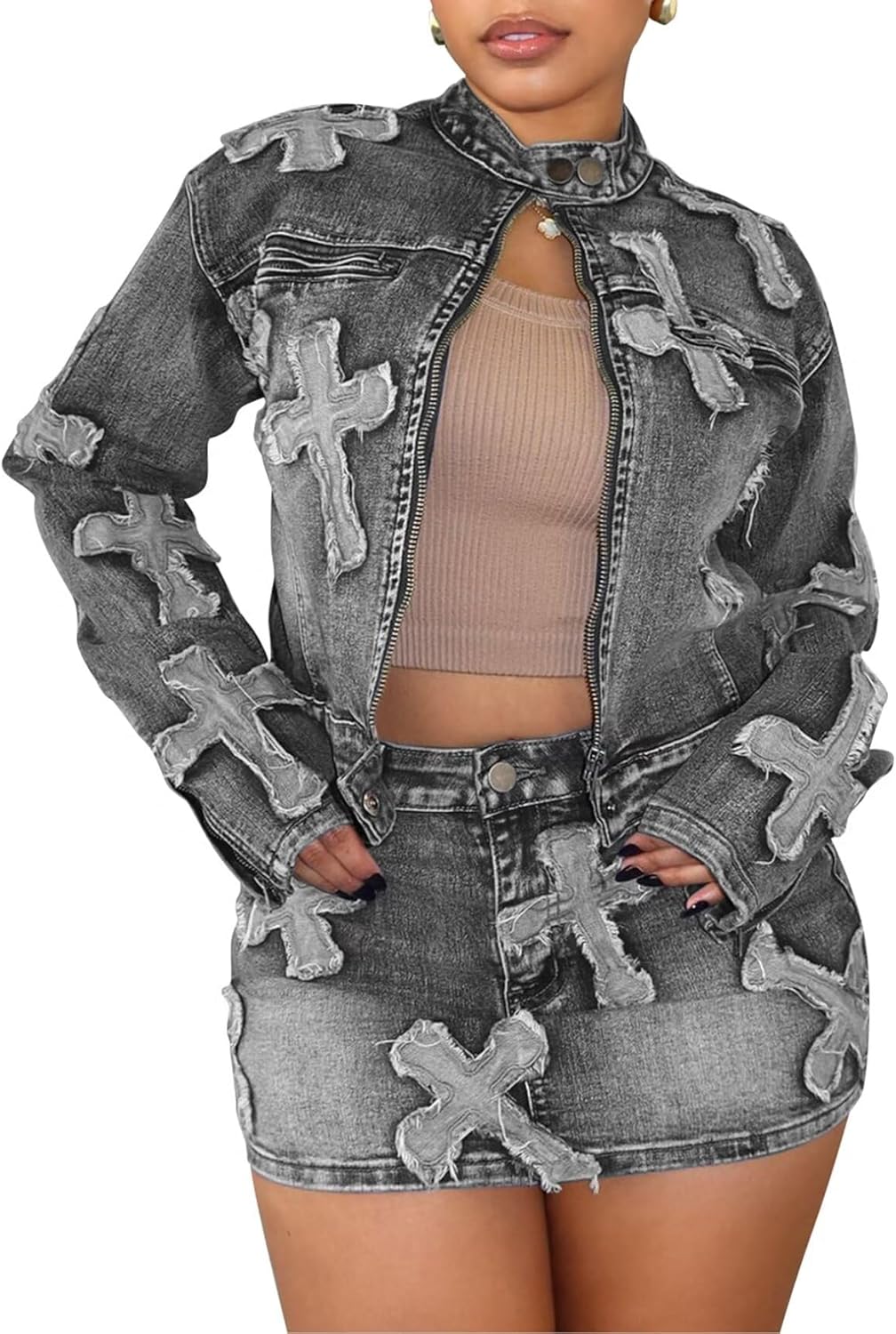 Two Piece Denim Skirt Set Y2K Style Women’s Outfit