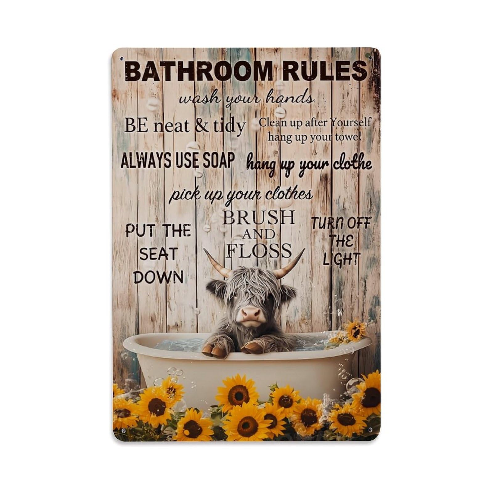 Nestemfo Vintage Bathroom Rules Highland Cow Bathtub Tin Sign Metal Sign, Living Room,Bar, Home, Bedroom Wall Decor,Retro Metal Poster 8X12 Inches