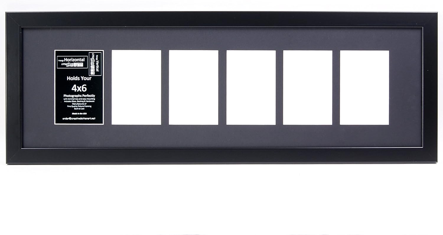 Creative Letter Art [10x32 6 Opening 4x6 Black Picture Frame with 10x32 Black Mat Collage including Full Strength Glass, Alphabet Photography