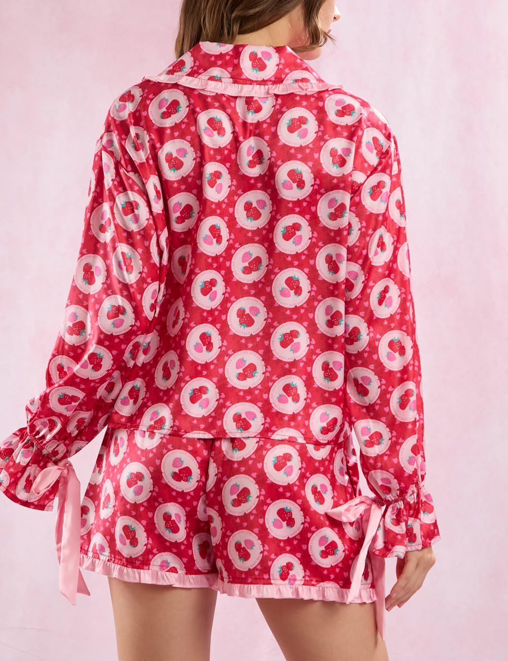 Women's Strawberry Pajamas Fruit Print Satin Pj Set Long Sleeve Shirt and Shorts Sleepwear Outfits
