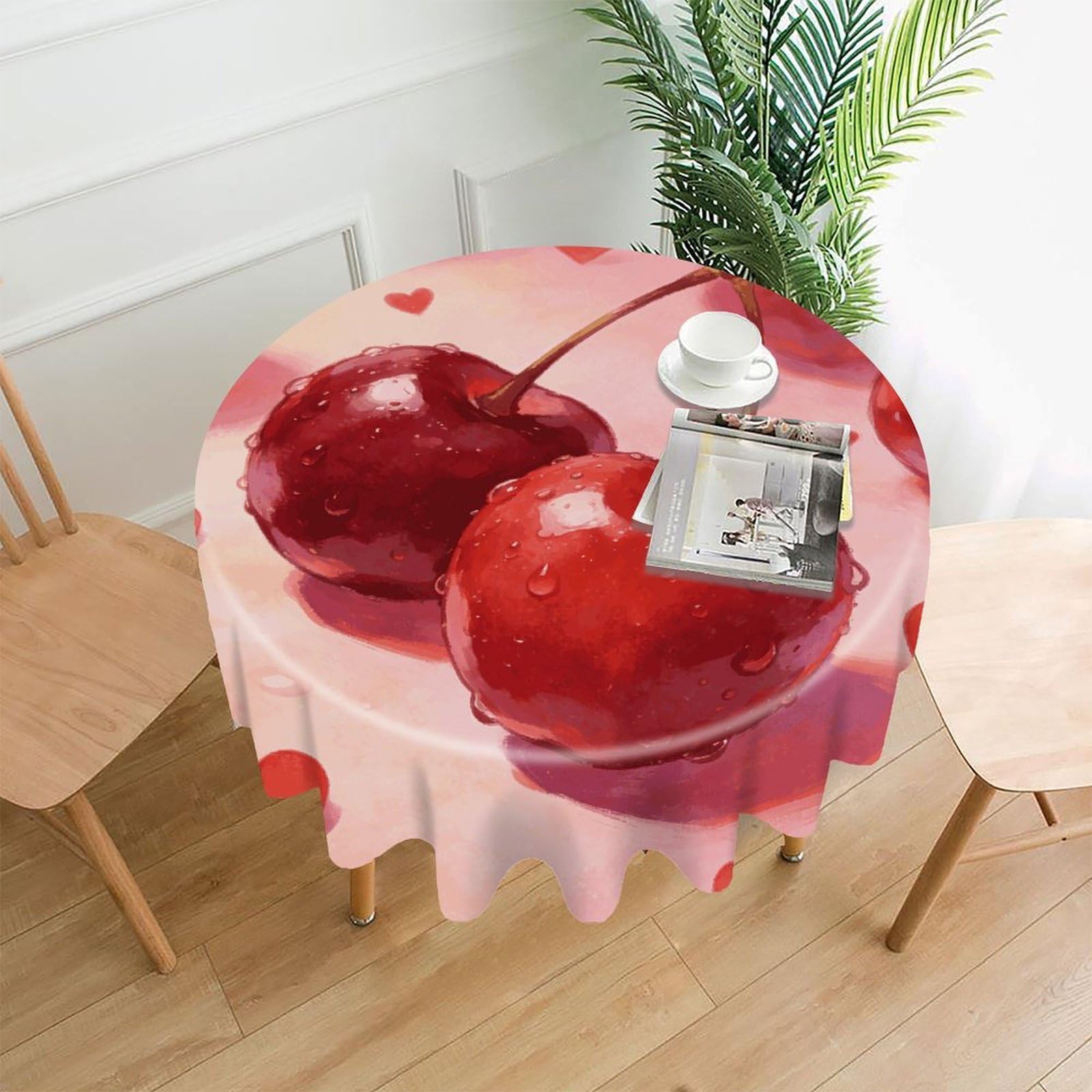 LZQPOEAS Cherries and Hearts Tablecloth Easy to Clean Polyester Round Table Cover Washable Round Table Cloth Wrinkle-Free Circle Decoration Tablecloth for Kitchen and Dining Room 60"