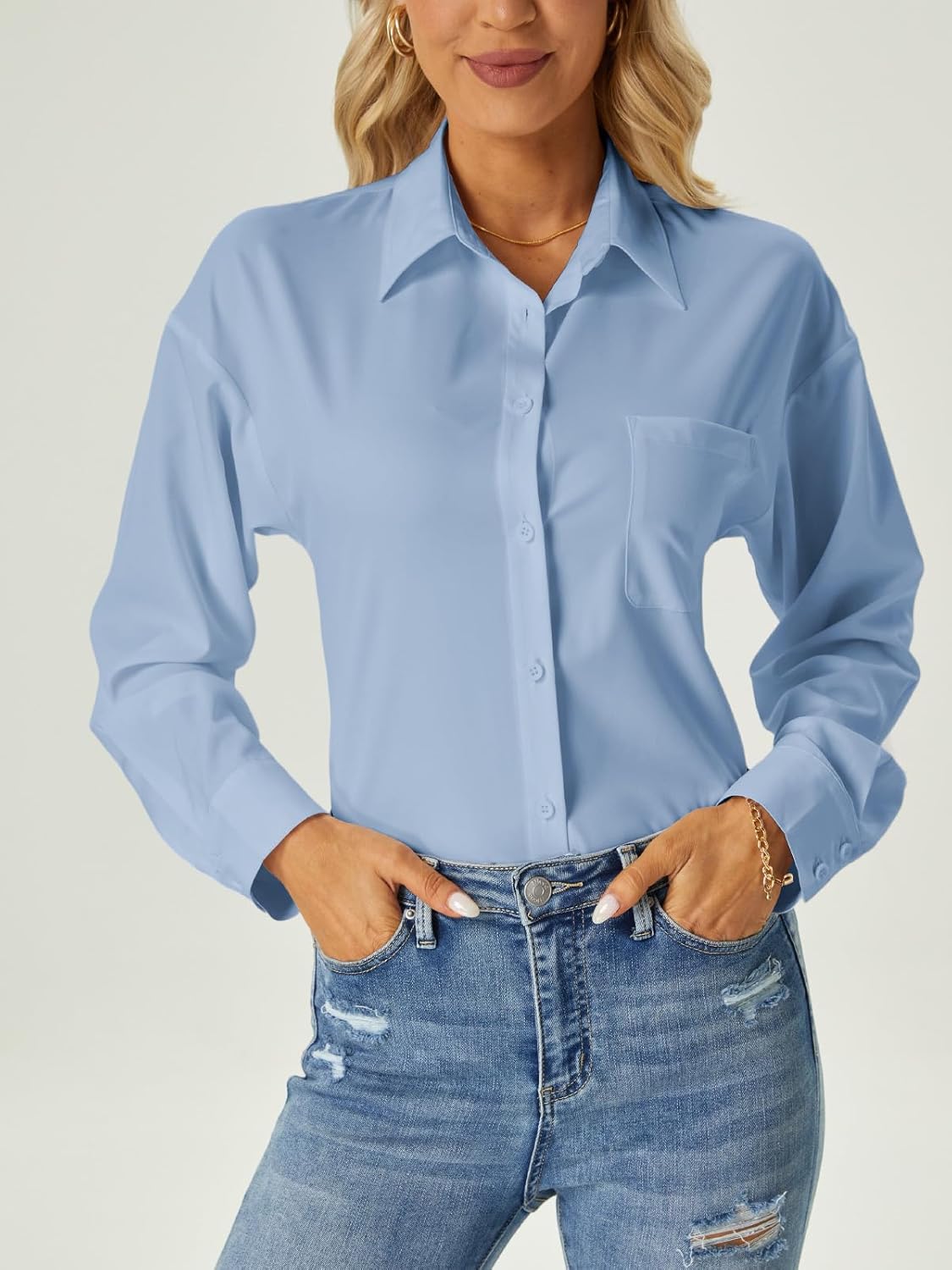 Womens Button Down Dress Shirts Long Sleeve Wrinkle Free Blouses Work Office Shirt with Pocket - Image 3