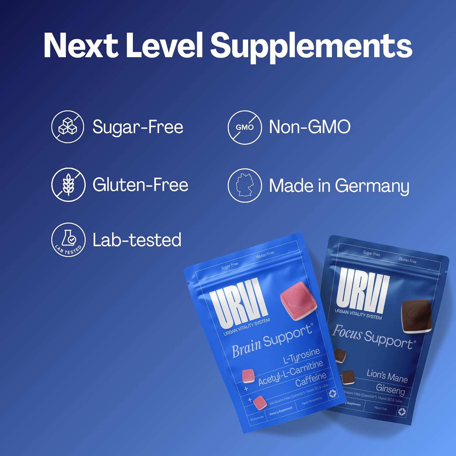 URVI® Brain & Focus Gummies – Lions Mane, Panax Ginseng, Caffeine, L-Tyrosine, Acetyl L-Carnitine (ALCAR), Methyl Folate (Quatrefolic®), Vitamin B12 & Iodine – 2 x 60