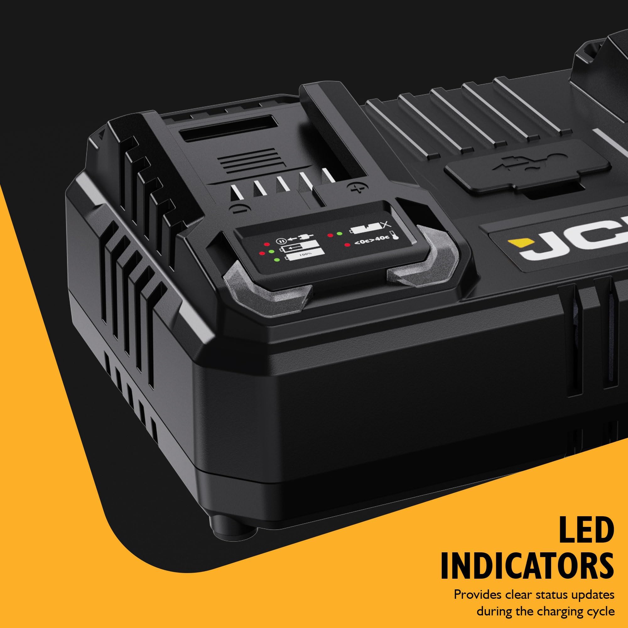 JCB Caricabatterie rapido Pro 18V Dual Port 2×4.5A con porte USB e USB-C aggiuntive - Compatibile con JCB Cordless & Professional Tools - Garanzia di 2 anni