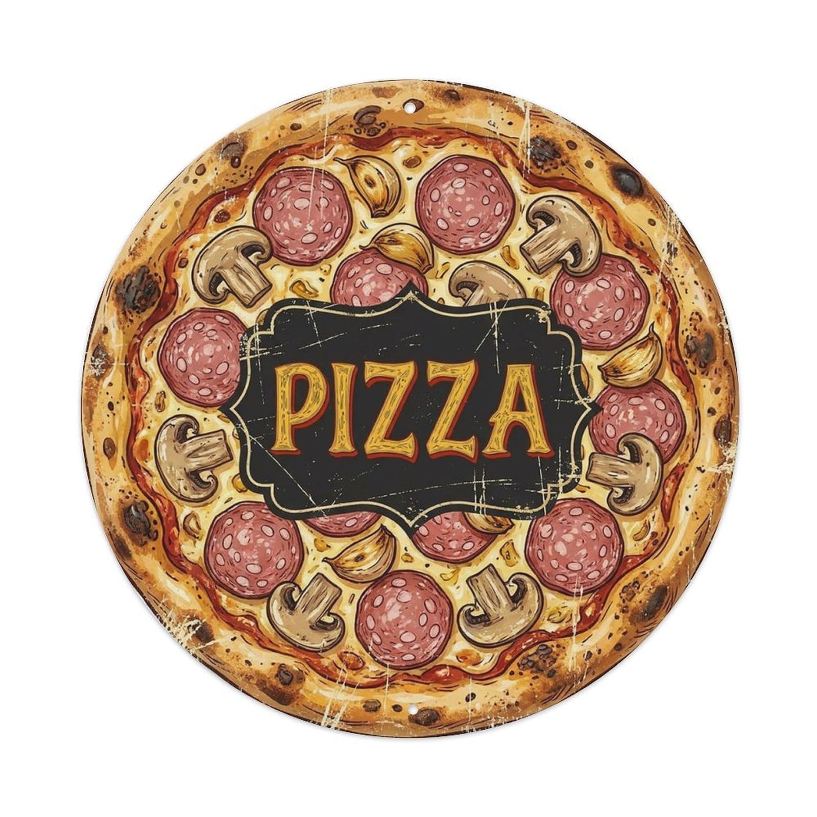 Yrnq 8X8inch Vintage Style Vintage Pizza Salami Mushroom Garlic Food Decoration Metal Tin Sign