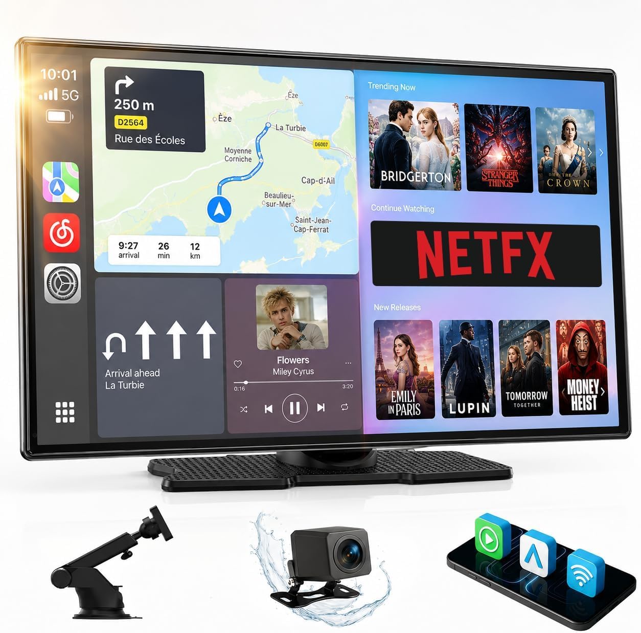 LAMTTO Écran Carplay Voiture sans Fil avec Youtube TikTok, 9 Pouces Autoradio AppIe Car Play & Android Auto avec Caméra de Recul/Bluetooth Double/Écran Partagé/OTA/Navigation/Assistant Vocal