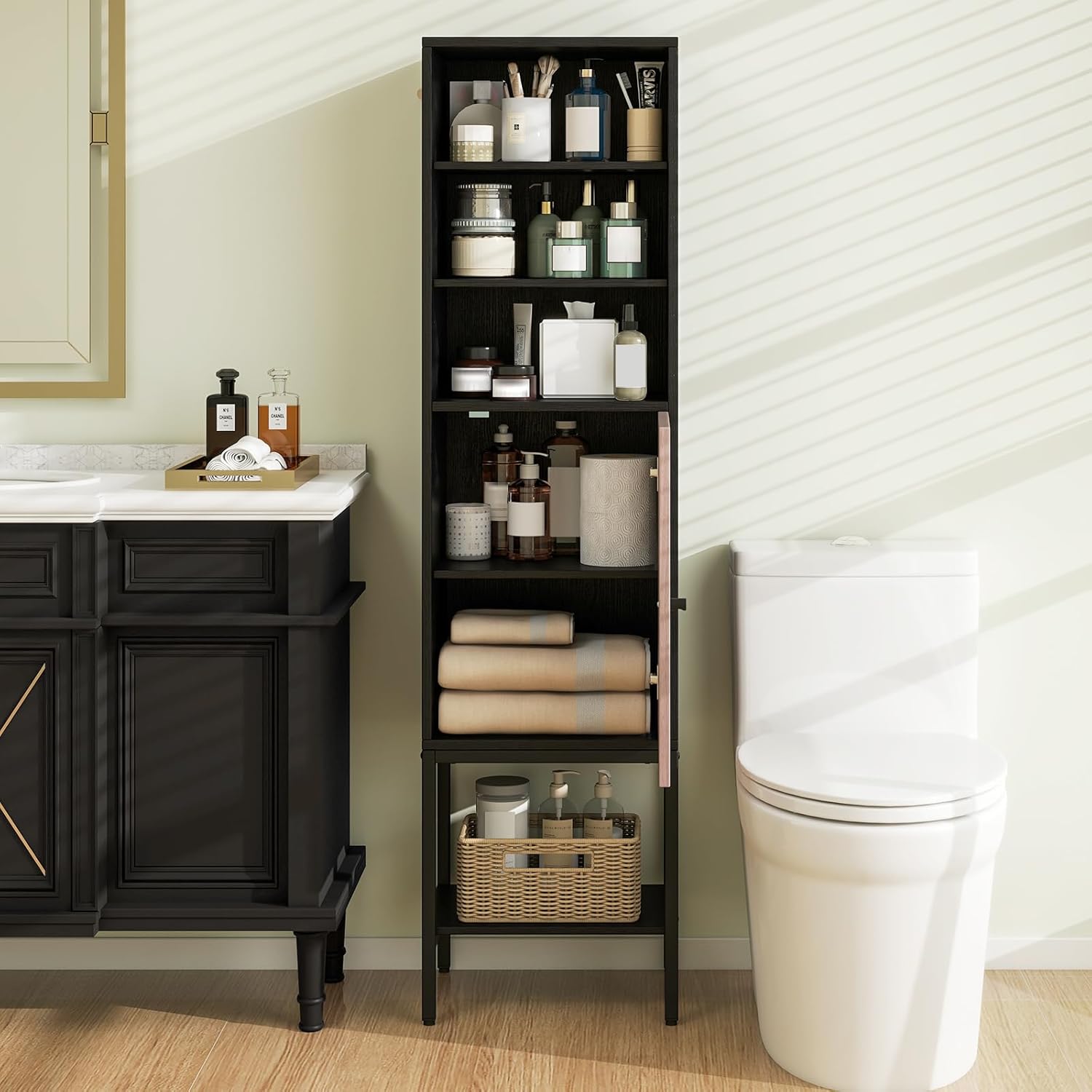 Tangkula Tall Bathroom Storage Cabinet with 1 Door and 4 Shelves, 57" H Narrow Floor Cabinet with Adjustable Shelves, Tall Slim Bathroom Cabinet for Living Room, Entryway, Kitchen (Black)