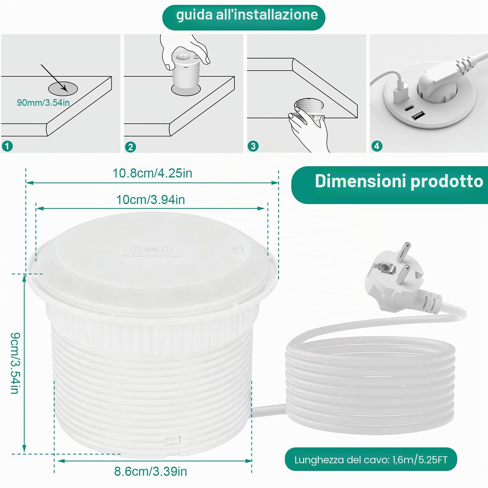 Presa da tavolo con USB C+USB A, presa da incasso, prolunga da incasso con cavo da 1,8 m, presa desktop, prese incassate, 1 tipo C, 2 USB A passaggio cavo, (Bianco con ricarica wireless)
