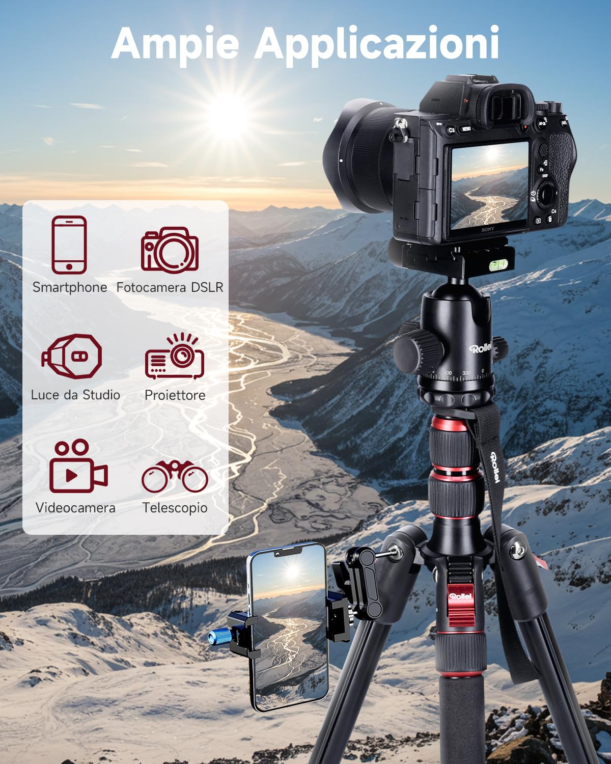 Treppiede Rollei Compact Traveler No. 2, 180cm Treppiede Fotocamera Portatile da Viaggio in Alluminio con Testa a Sfera e Funzione Monopiede Cavalletto Fotografico Compatto con Supporto per Telefono