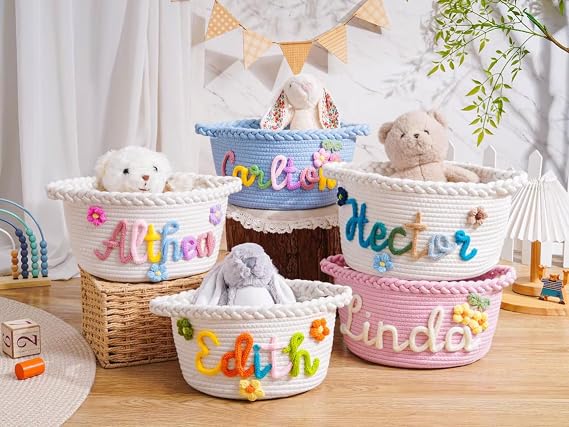 Personalized Baby Basket,Cutstom Handmade Basket,Monogrammed Woven Basket,Baby Name Gift,Toy Organizer (28 * 18cm)