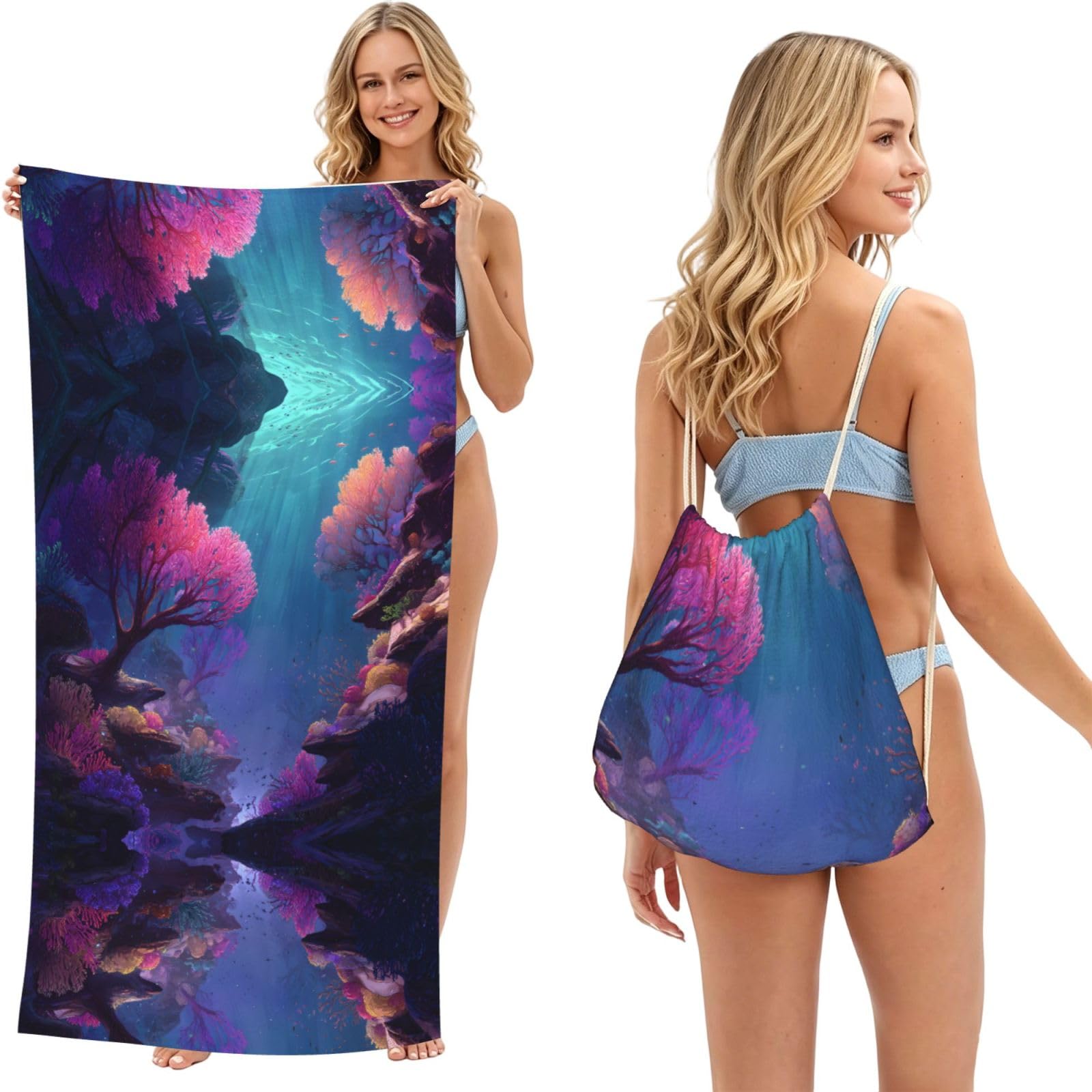 ESNAIUVCD Reef Print Beach Towel For Adults,Towel With Drawstring Bag, Travel Pool Swimming Sports Shower Sand Free Quick Dry Bath Towel For Pool, Beach, Yoga- 180x60cm