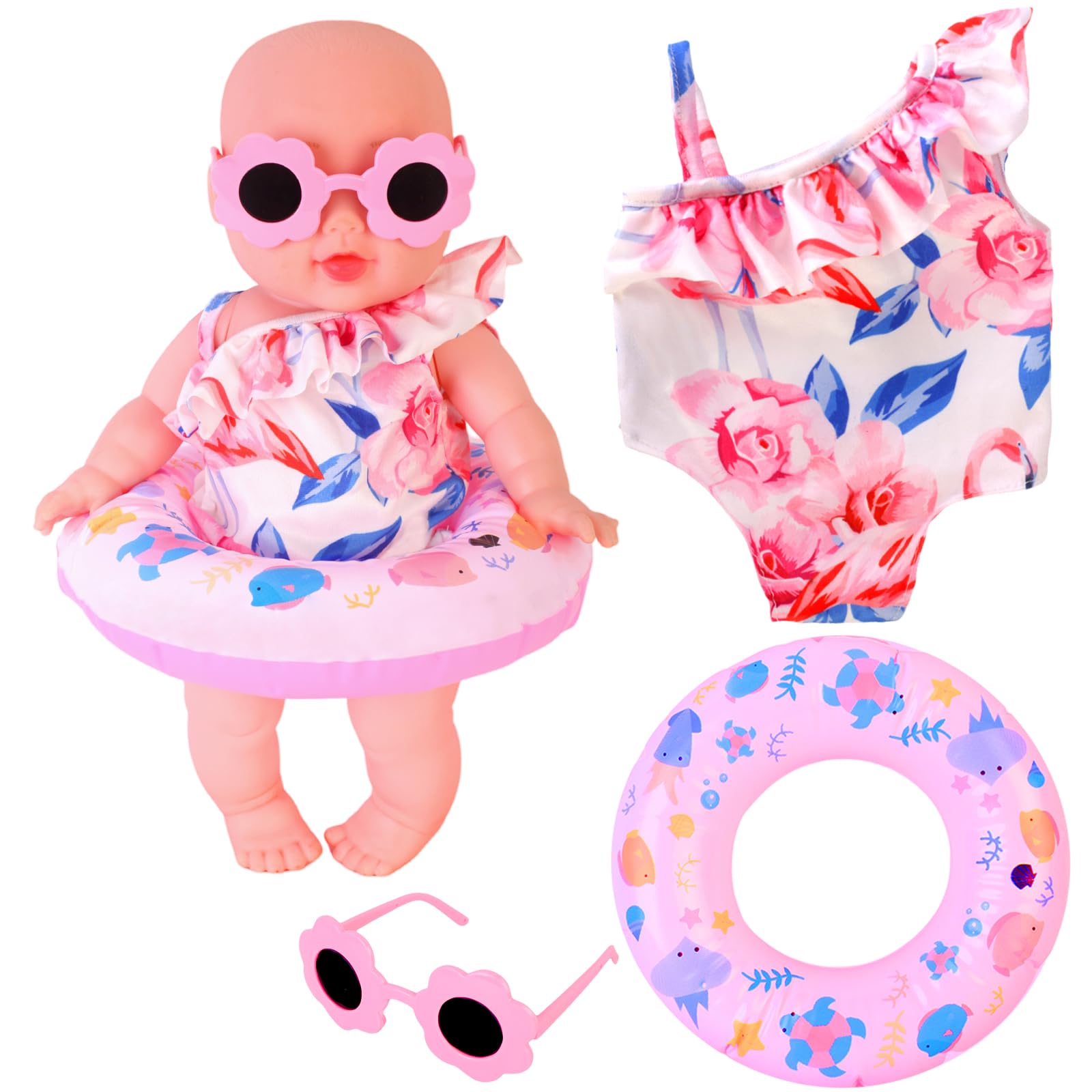 Set da Nuoto per Bambole con Costume da Bagno per Bambole, Occhiali da Sole Bambola Rosa, Anello per Il Nuoto Bambolotto, Costumi da Bagno per Bambole 35-45 cm, Accessori per Bambole (A)