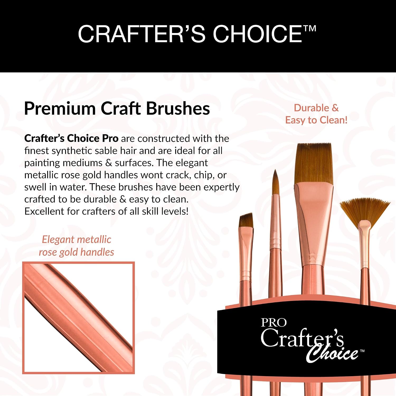 Royal & Langnickel Crafter's Choice Pro 4 pc Synthetic Sable Angular Variety Craft Brush Set, Includes - Angular, Shader & Round Brushes Rose Gold