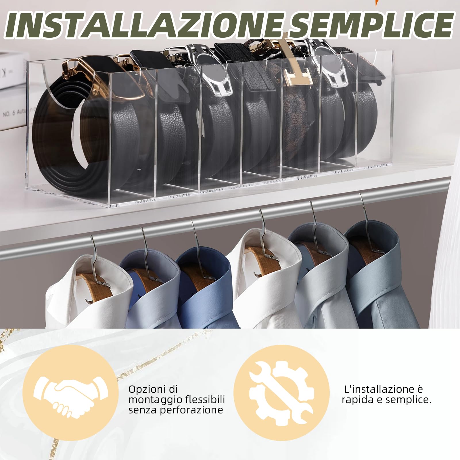 Scatola di immagazzinaggio cintura acrilica a 7 scomparti, stile cassetto cravatta e cintura portaoggetti