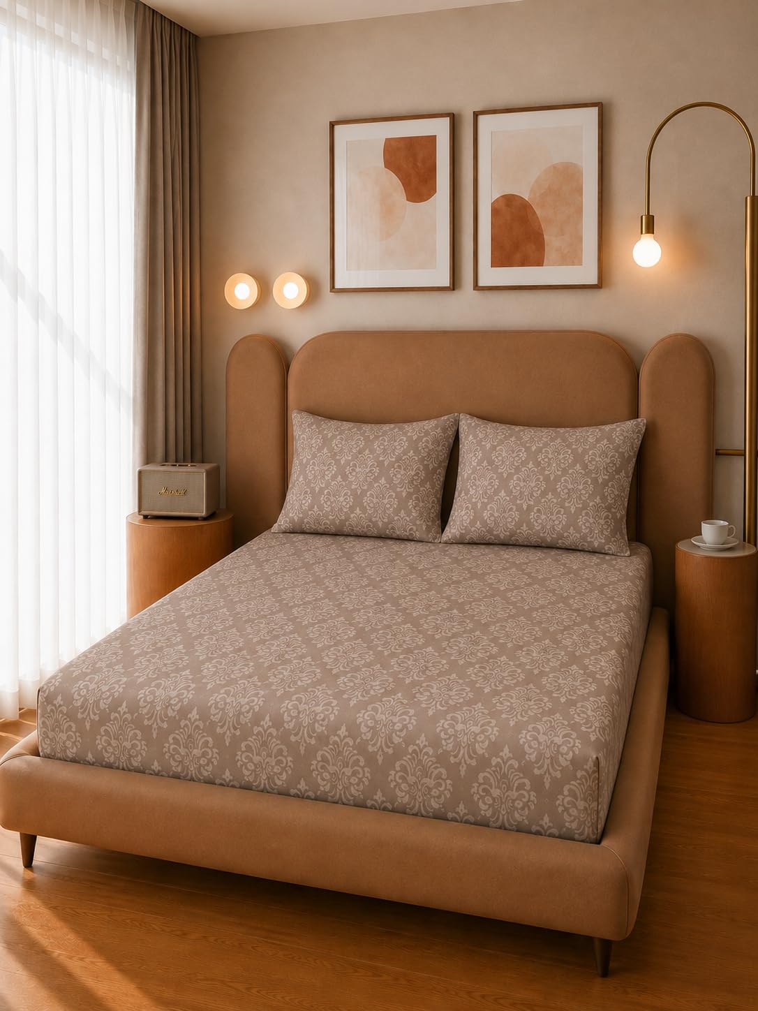 THE HOME STYLE Cotton Feel Glace Cotton Elastic Fitted Printed King Size Double Bed Bedsheet with 2 Pillow Cover Fits Upto 8 Inches Mattress (72"x78", Coco Barocca)
